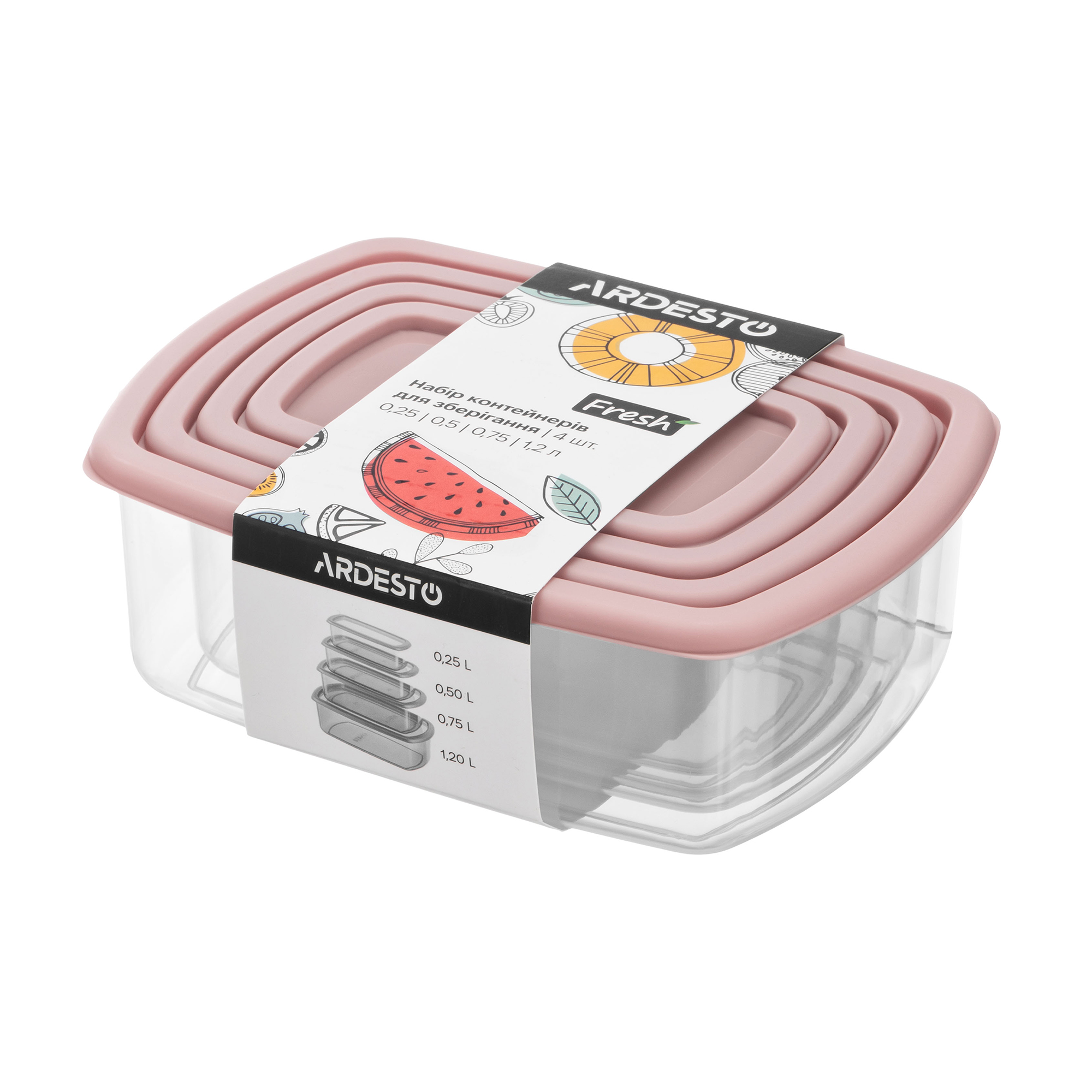 

Набір контейнерів для зберігання харчових продуктів Ardesto Fresh прямокутні, рожеві (250 мл + 500 мл + 750 мл + 1.2 л) (AR1312P)