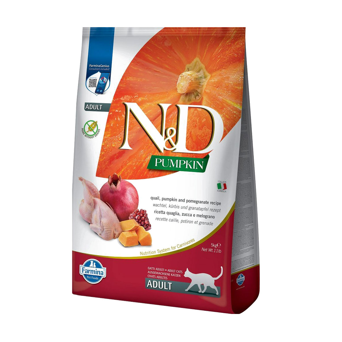 

Беззерновий сухий корм для дорослих котів Farmina N&D Pumpkin Adult з перепілкою, гарбузом та гранатом, 5 кг