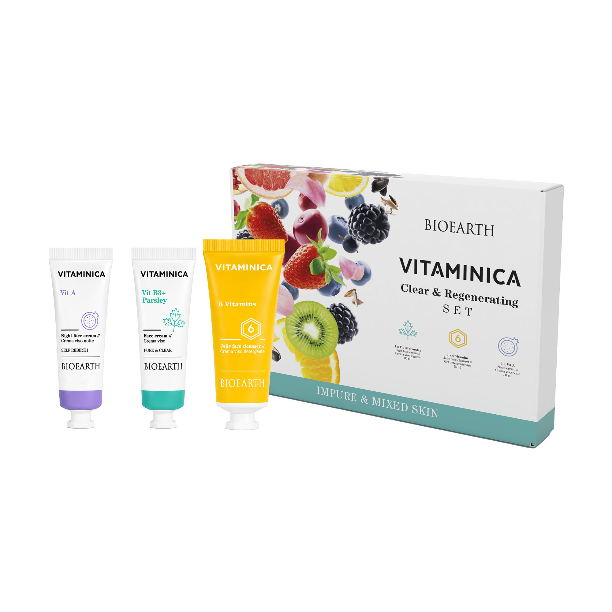 

Набір для обличчя Bioearth Vitaminica Clear & Regenerating Set (очищувальний гель, 75 мл + крем-емульсія, 30 мл + нічний крем, 30 мл)