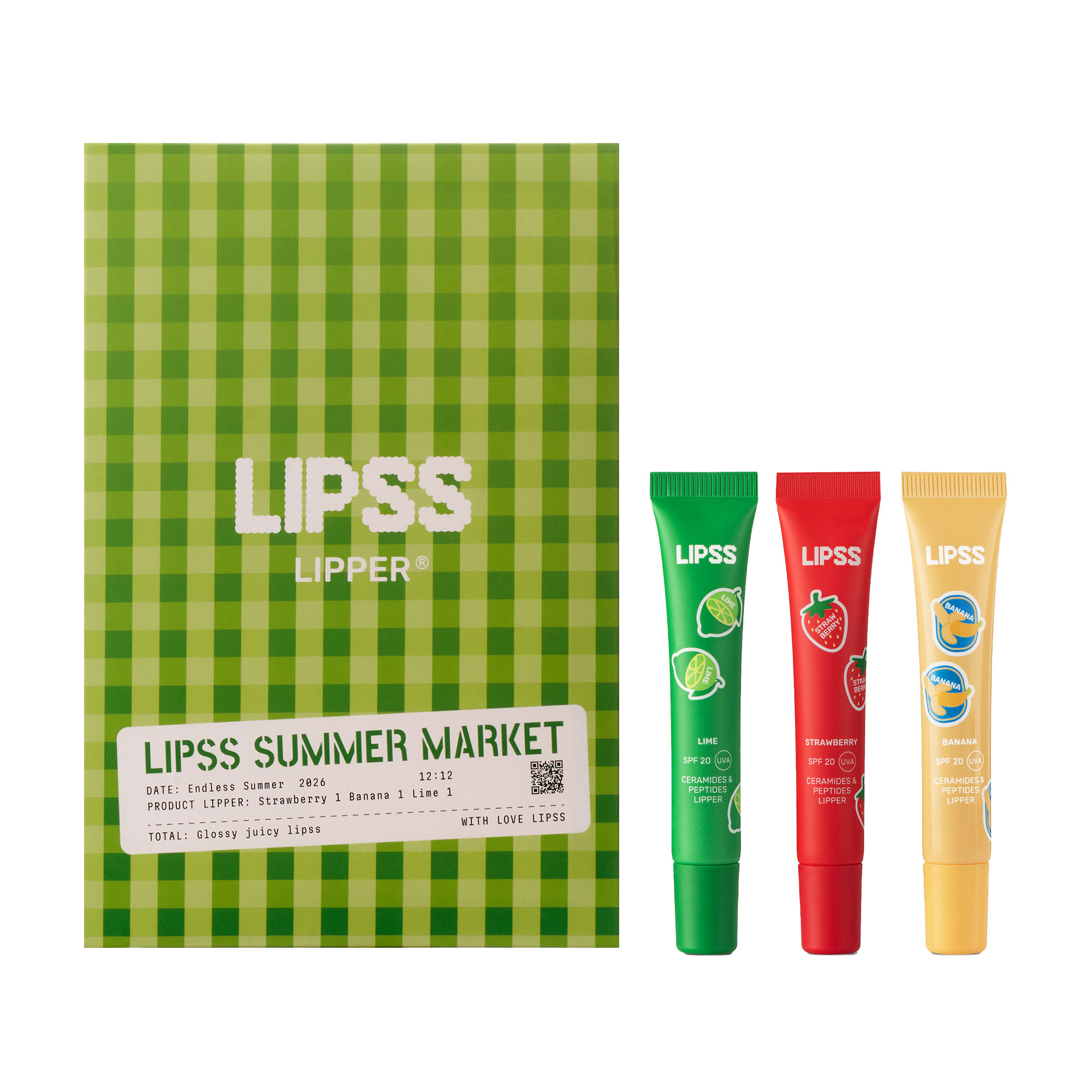 Набір бальзамів для губ LiPSS Summer Market Drop SPF 20 (полуниця, 1 шт + банан, 1 шт + лайм, 1 шт)