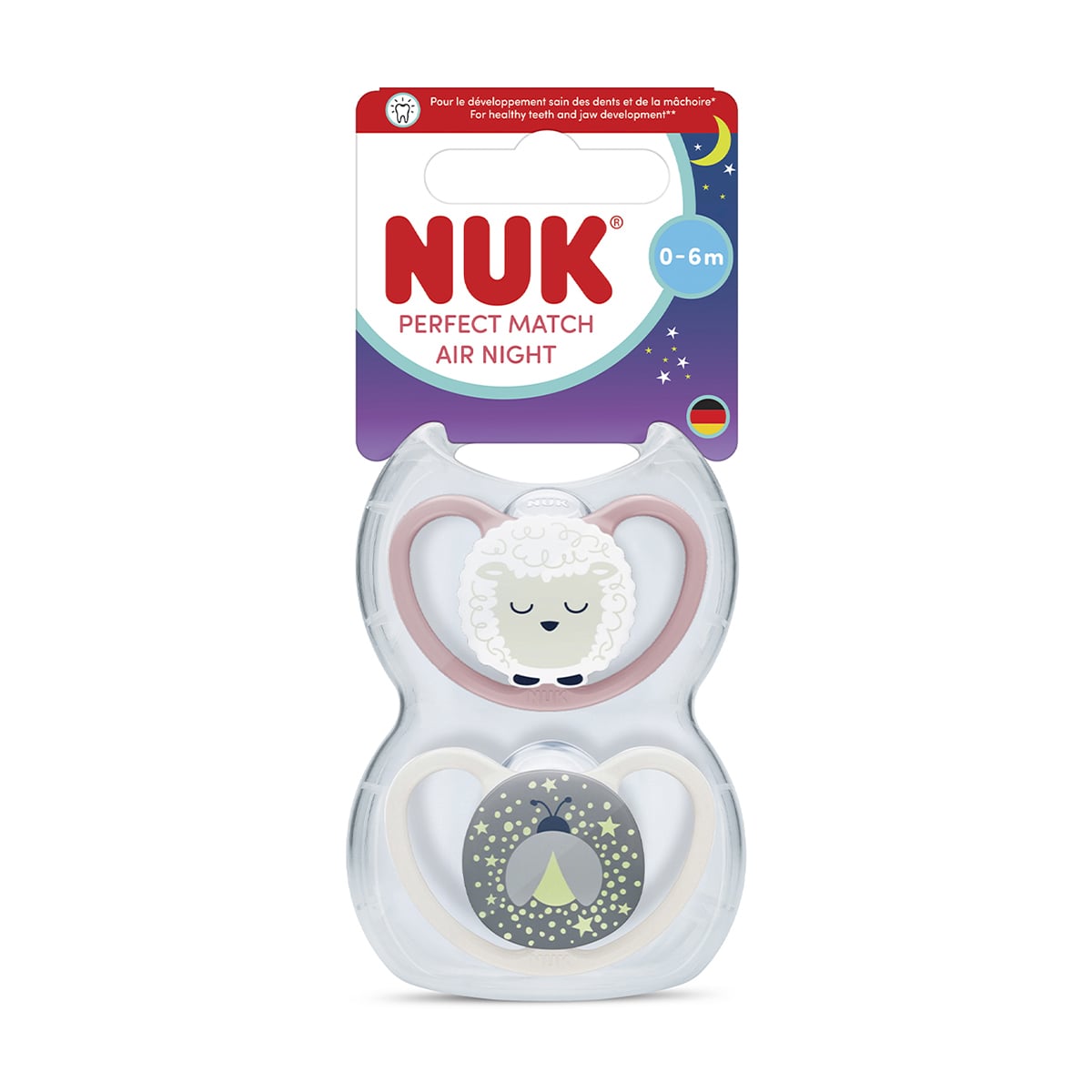 Силіконова ортодонтична пустушка NUK Perfect Match Air Night від народження до 6 місяців, вівця/зірки, 2 шт (3954166)