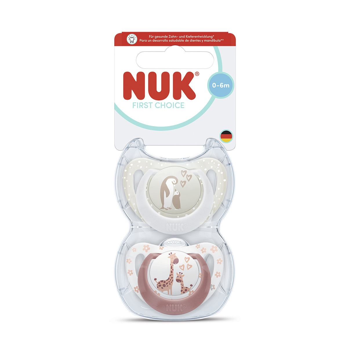 Силіконова ортодонтична пустушка NUK First Choice від народження до 6 місяців, пінгвін/жираф, 2 шт (3954181)