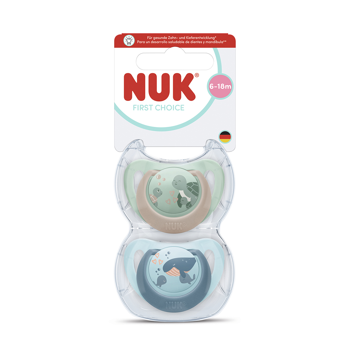 Силіконова ортодонтична пустушка NUK First Choice від 6 місяців до 1.5 року, черепаха/кит, 2 шт (3954183)