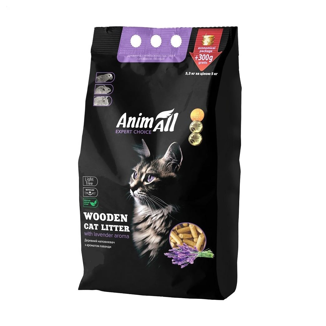 

Деревний наповнювач для котячого туалету AnimAll з ароматом лаванди, 2.8 кг