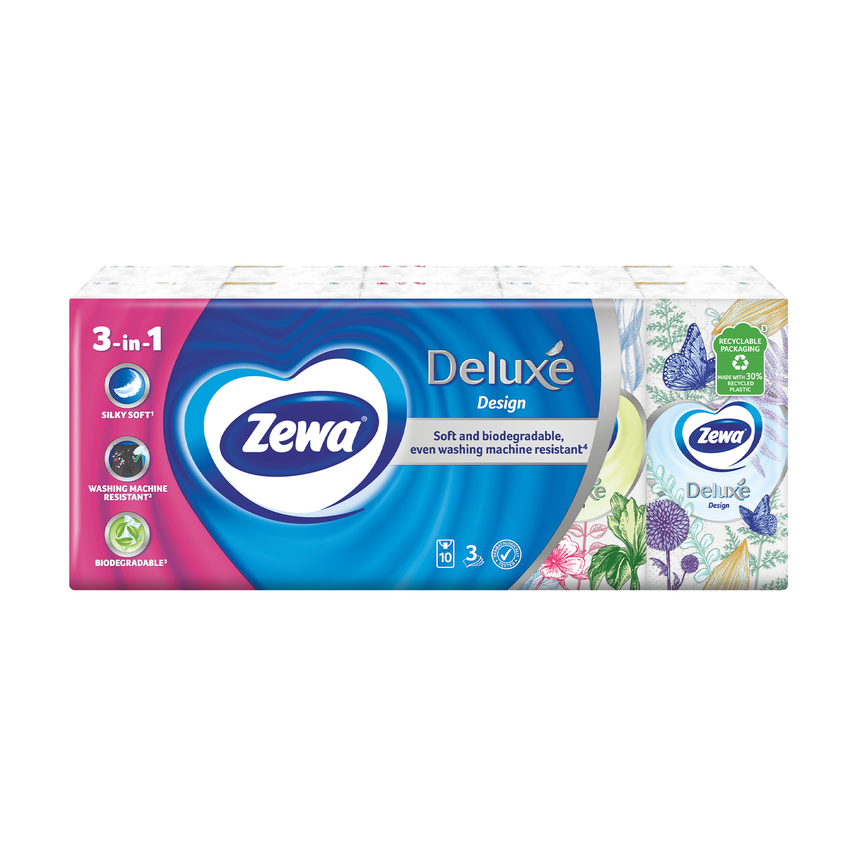 

Уцінка! Паперові носові хустинки Zewa Deluxe Design 3-шарові, 10*10 шт