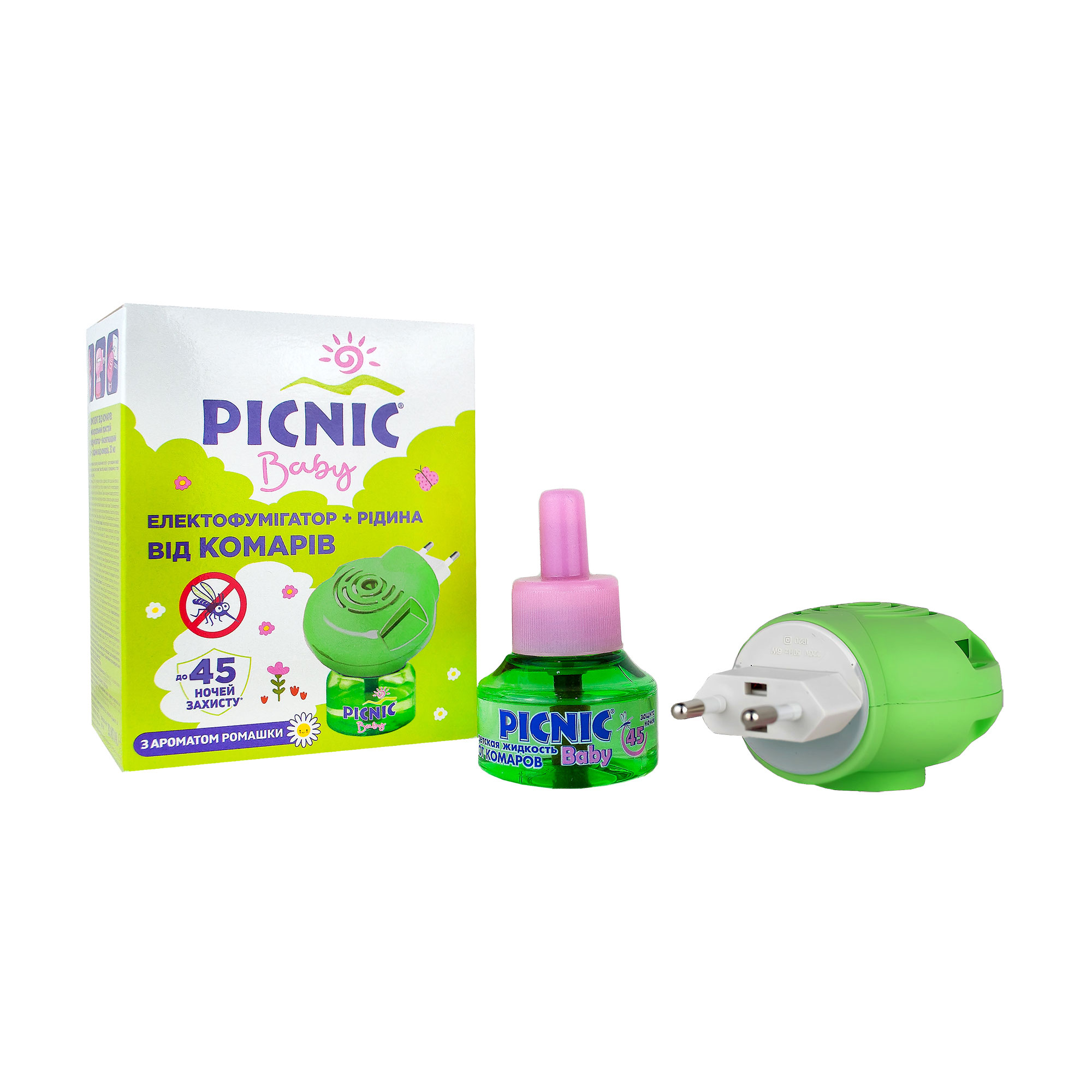 

Уцінка! Універсальний електрофумігатор + рідина від комарів Picnic Baby з ароматом ромашки, 45 ночей, 30 мл