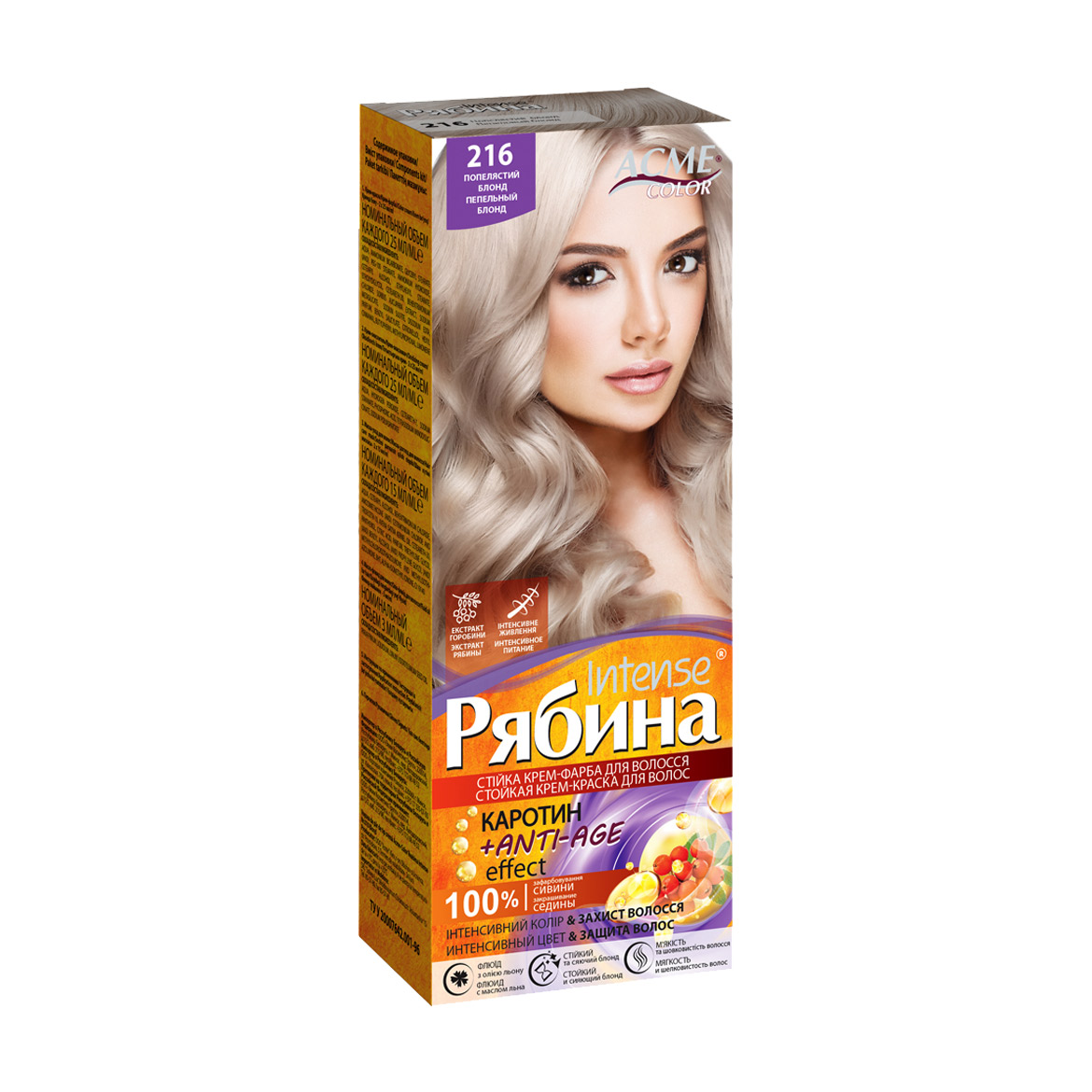 

Стійка крем-фарба для волосся Acme Color Рябина Intense 216 Попелястий блонд, 133 мл