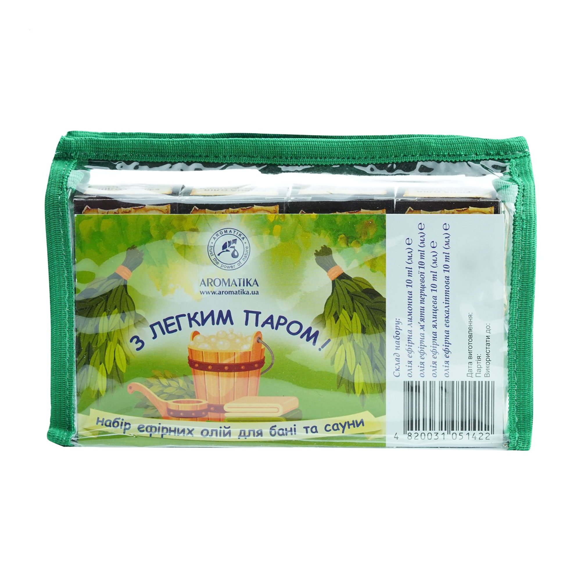 

Уцінка! Набір ефірних олій для бані та сауни Ароматика (ялиця, лимон, м'ята, евкалипт), 4*10 мл