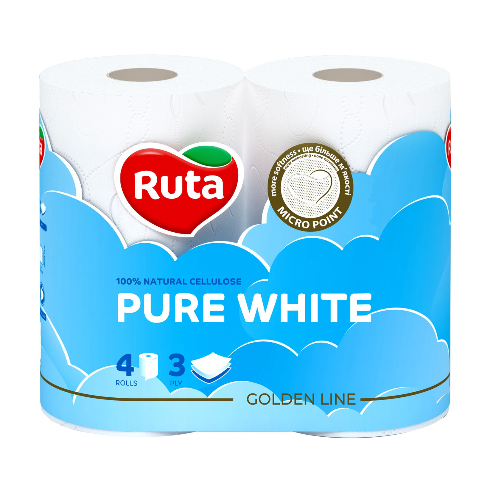

Уцінка! Туалетний папір RUTA Pure White білий, 3-шаровий, 150 відривів, 4 рулони