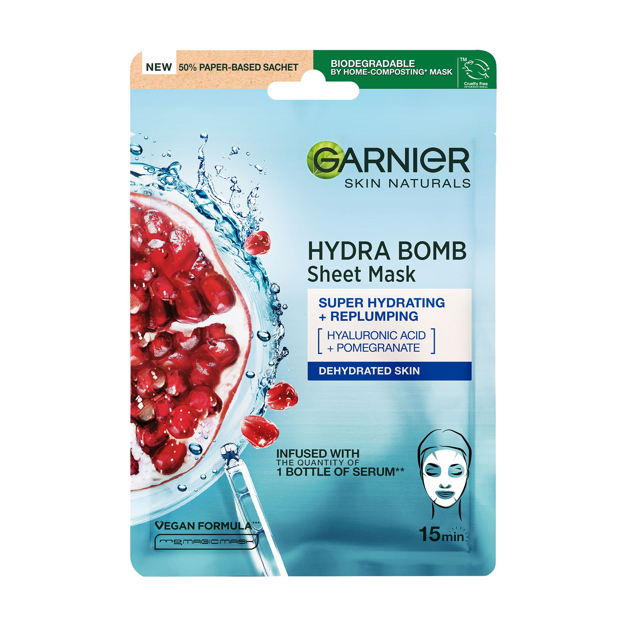 

Тканинна маска для обличчя Garnier Skin Naturals Hydra Bomb Sheet Mask Super Hydrating + Replumping з гіалуроновою кислотою і екстрактом граната, 28 г