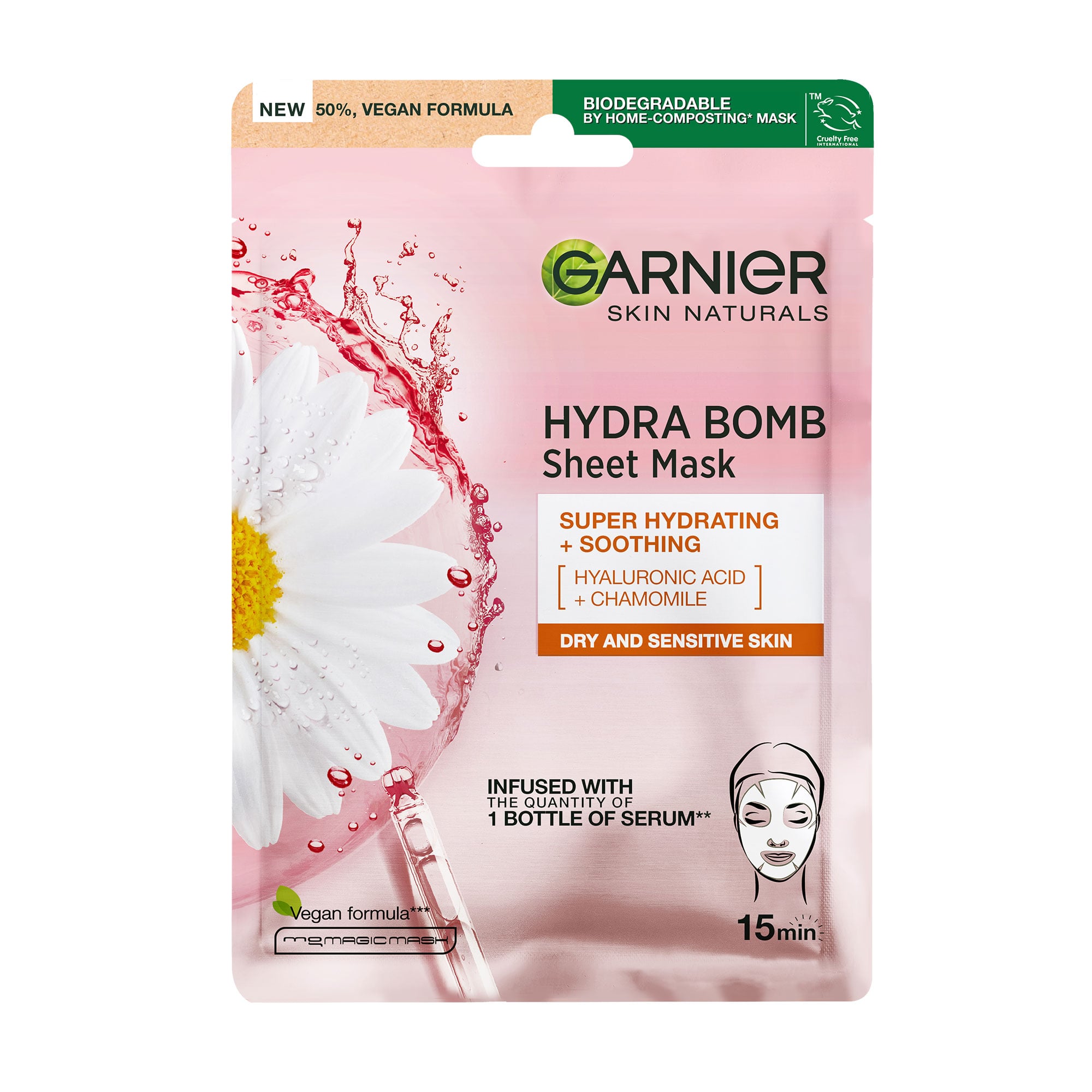 

Тканинна маска для обличчя Garnier Skin Naturals Hydra Bomb Super Hydrating + Soothing з гіалуроновою кислотою і ромашкою, 28 г