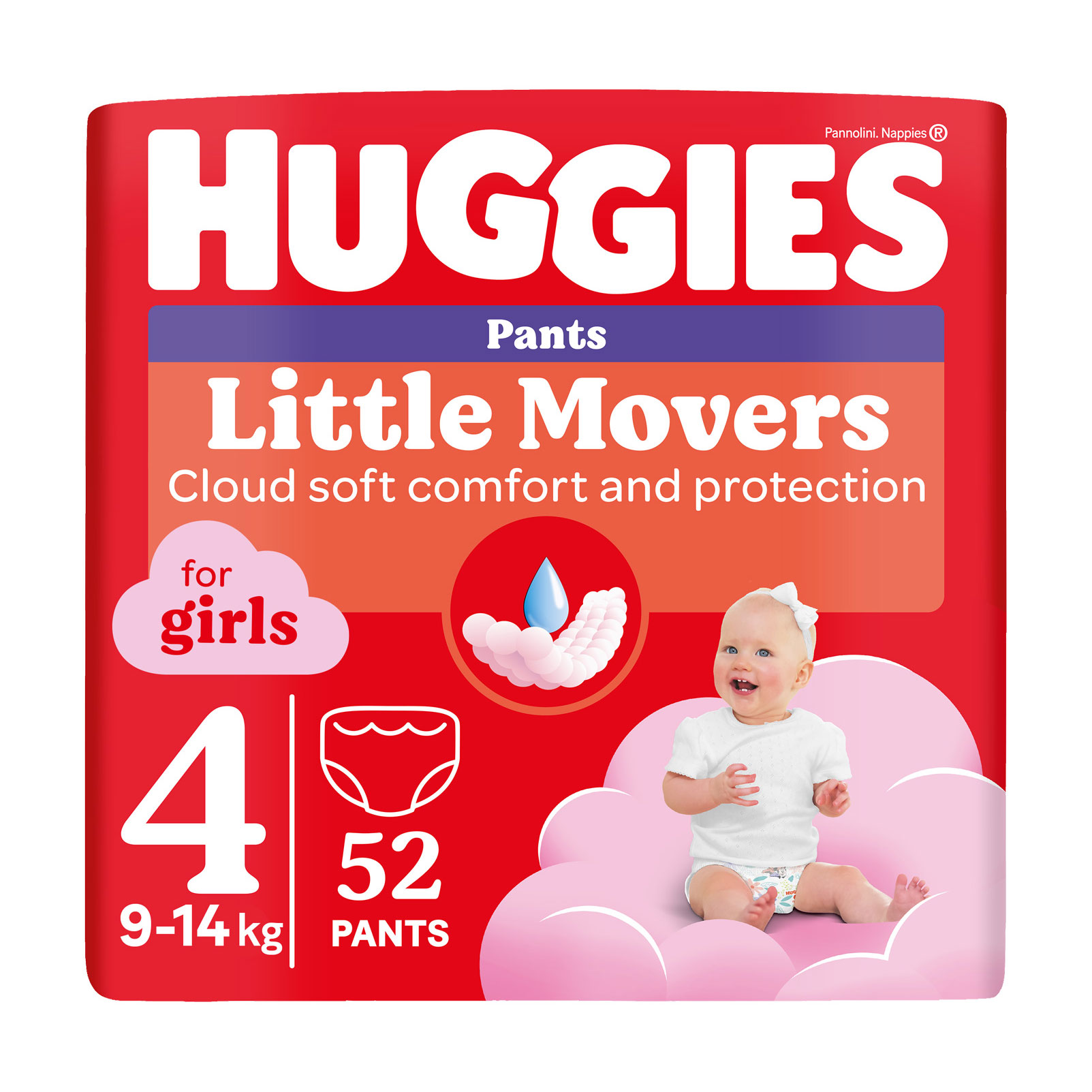 

Уцінка! Підгузки-трусики Huggies Little Movers Pants для дівчаток, розмір 4 (9-14 кг), 52 шт