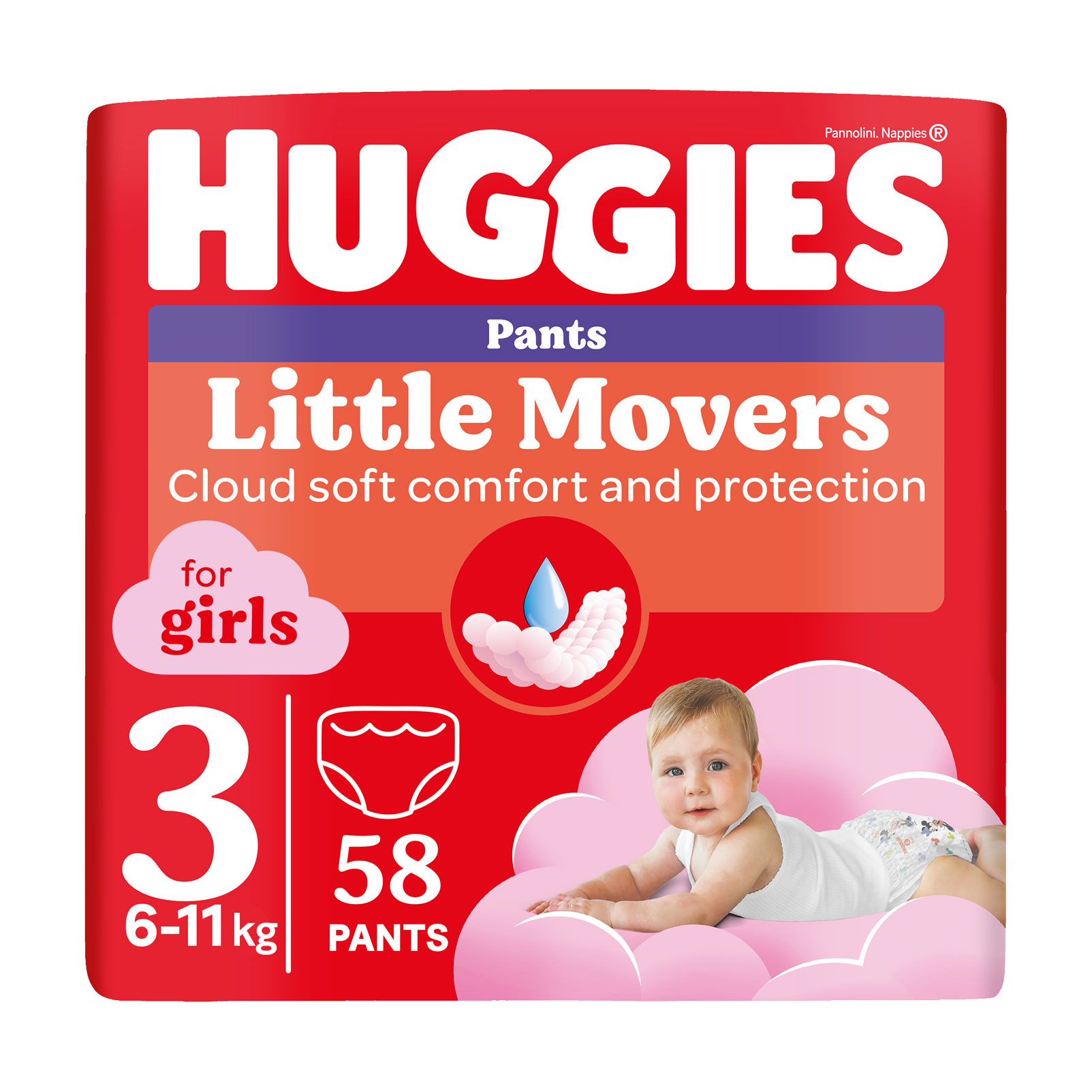 

Уцінка! Підгузки-трусики Huggies Little Movers Pants для дівчаток, розмір 3 (6-11 кг), 58 шт