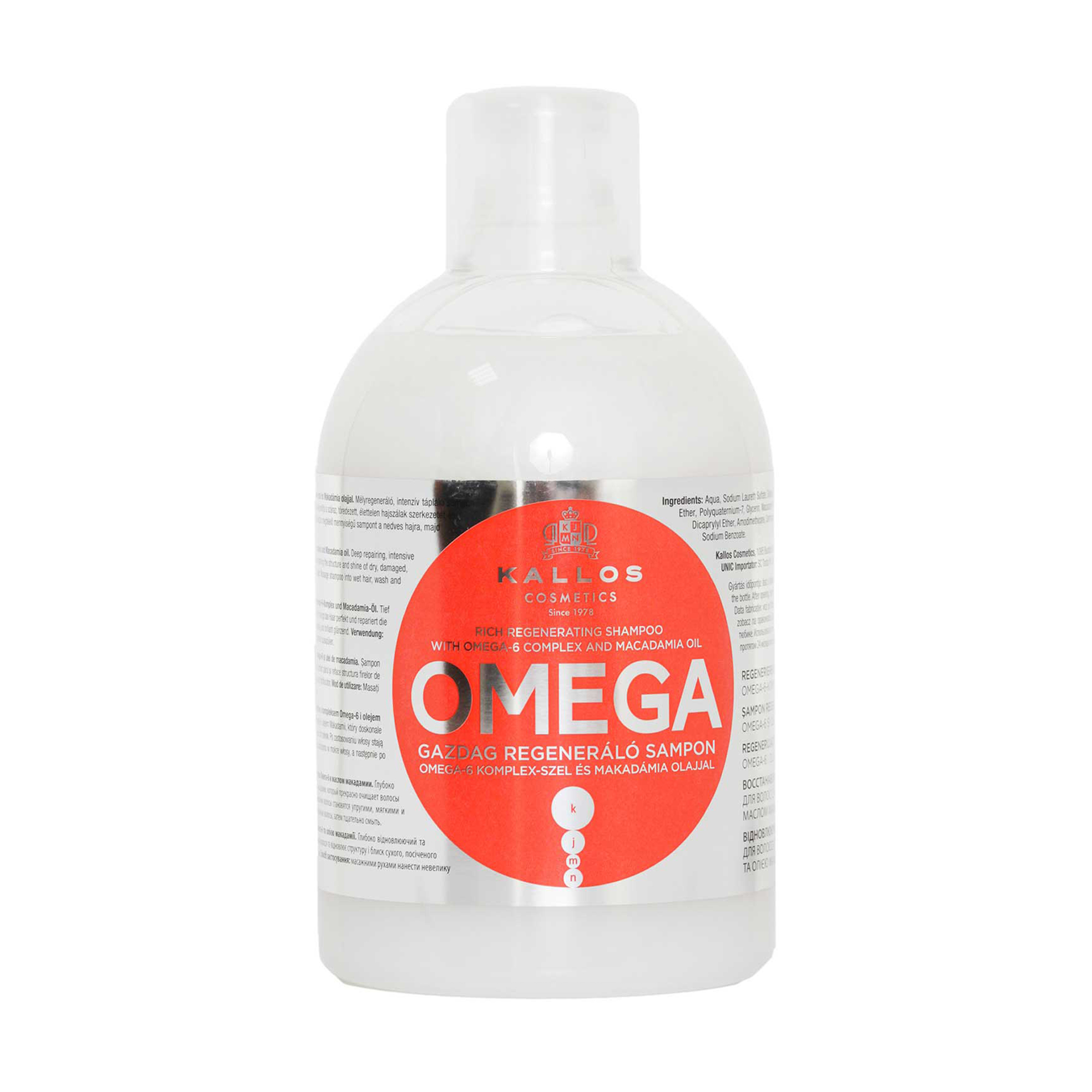 

Уцінка! Відновлювальний шампунь для волосся Kallos Cosmetics Omega Hair Shampoo з комплексом Омега-6 і олією макадамії, 1 л