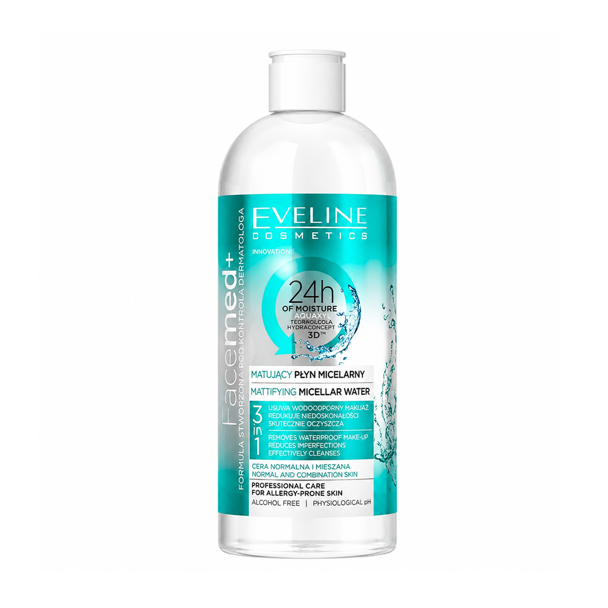 Очищувальна міцелярна вода 3 в 1 Eveline Cosmetics Facemed+ 24H Зволоження, для нормальної та комбінованої шкіри, схильної до жирного блиску, 400 мл