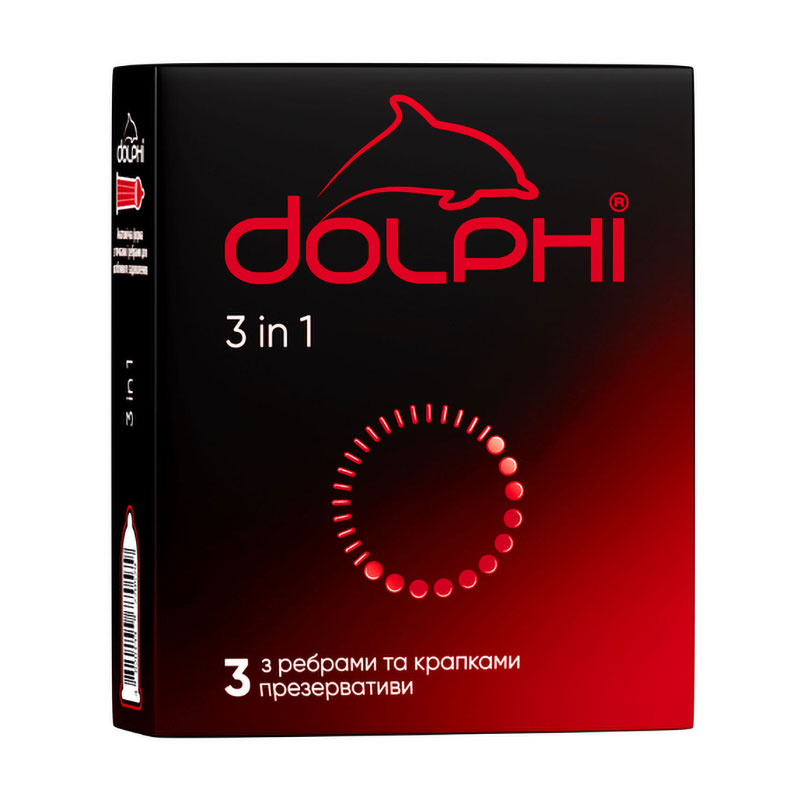 

Презервативи Dolphi 3 in 1 з ребрами та крапками, 3 шт