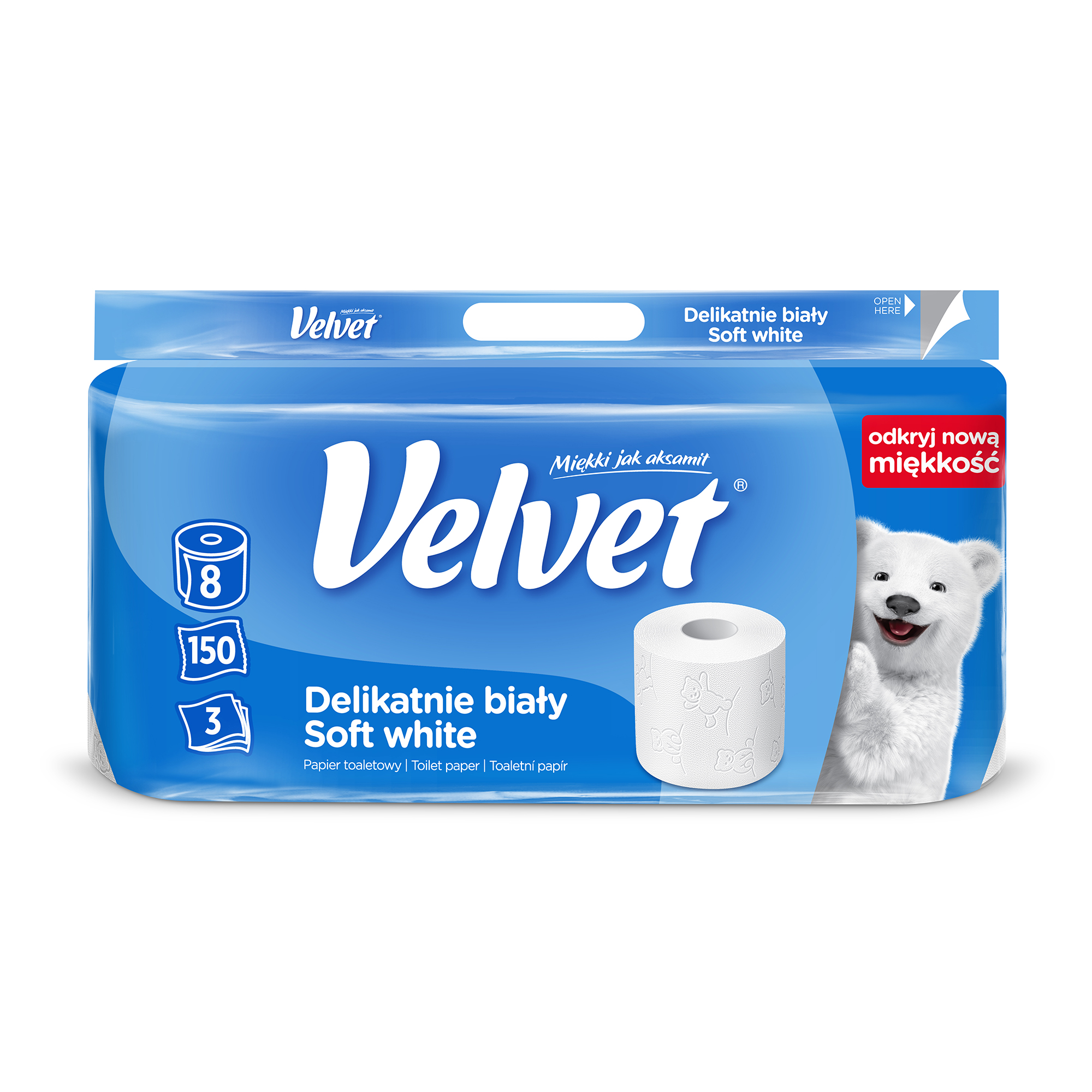 Туалетний папір Veltie Velvet Делікатний, білий, 3-шаровий, 150 відривів, 8 рулонів