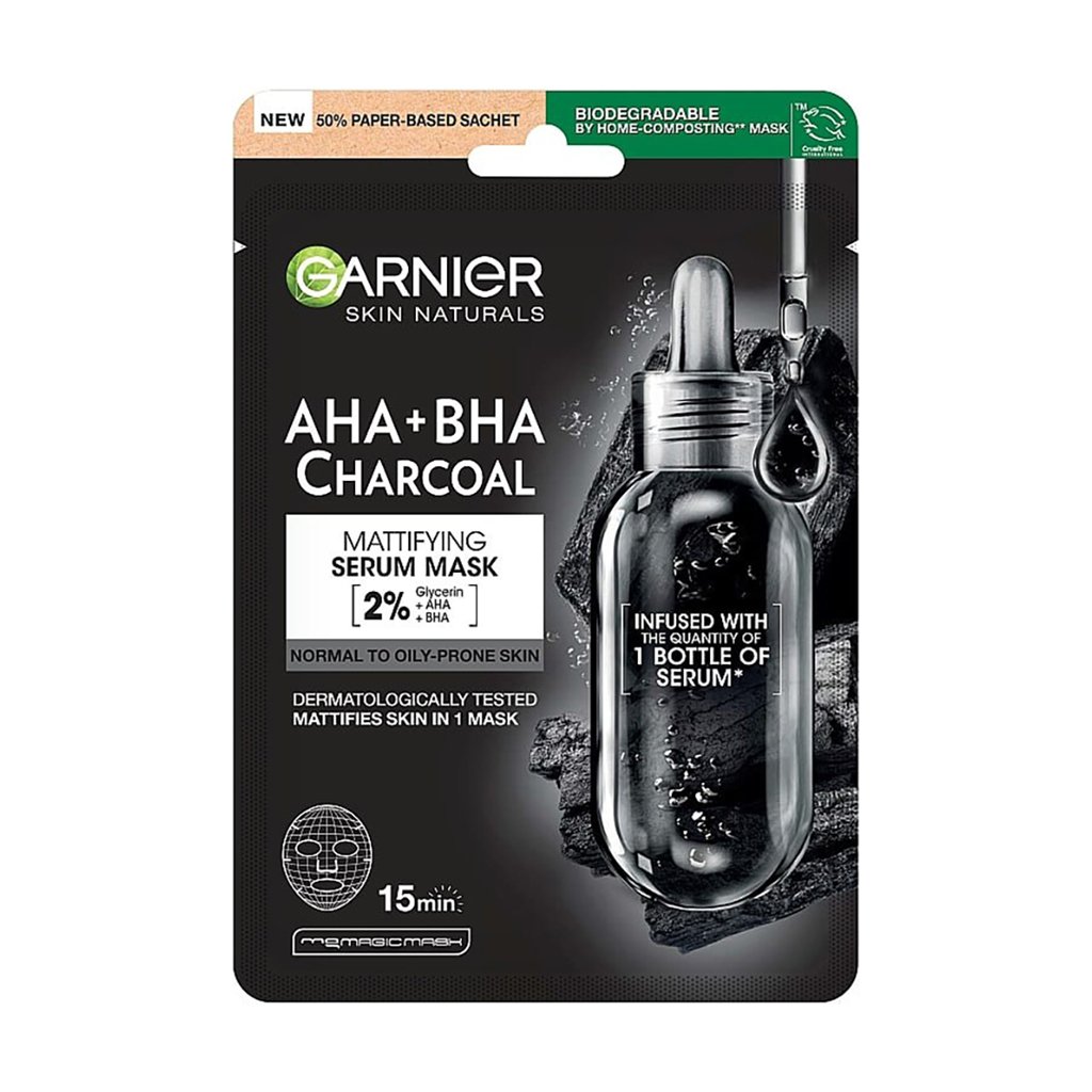 

Чорна тканинна маска для обличчя Garnier Skin Naturals з AHA + BHA кислотами, 28 г
