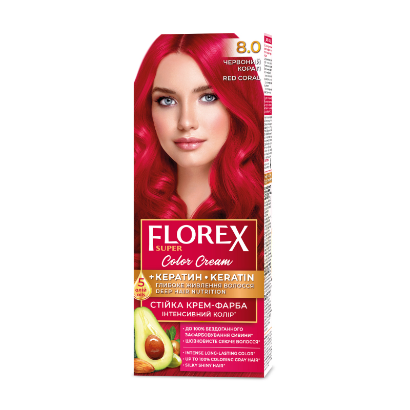 

Стійка крем-фарба для волосся Florex Super 8.0 Червоний корал, 100 мл