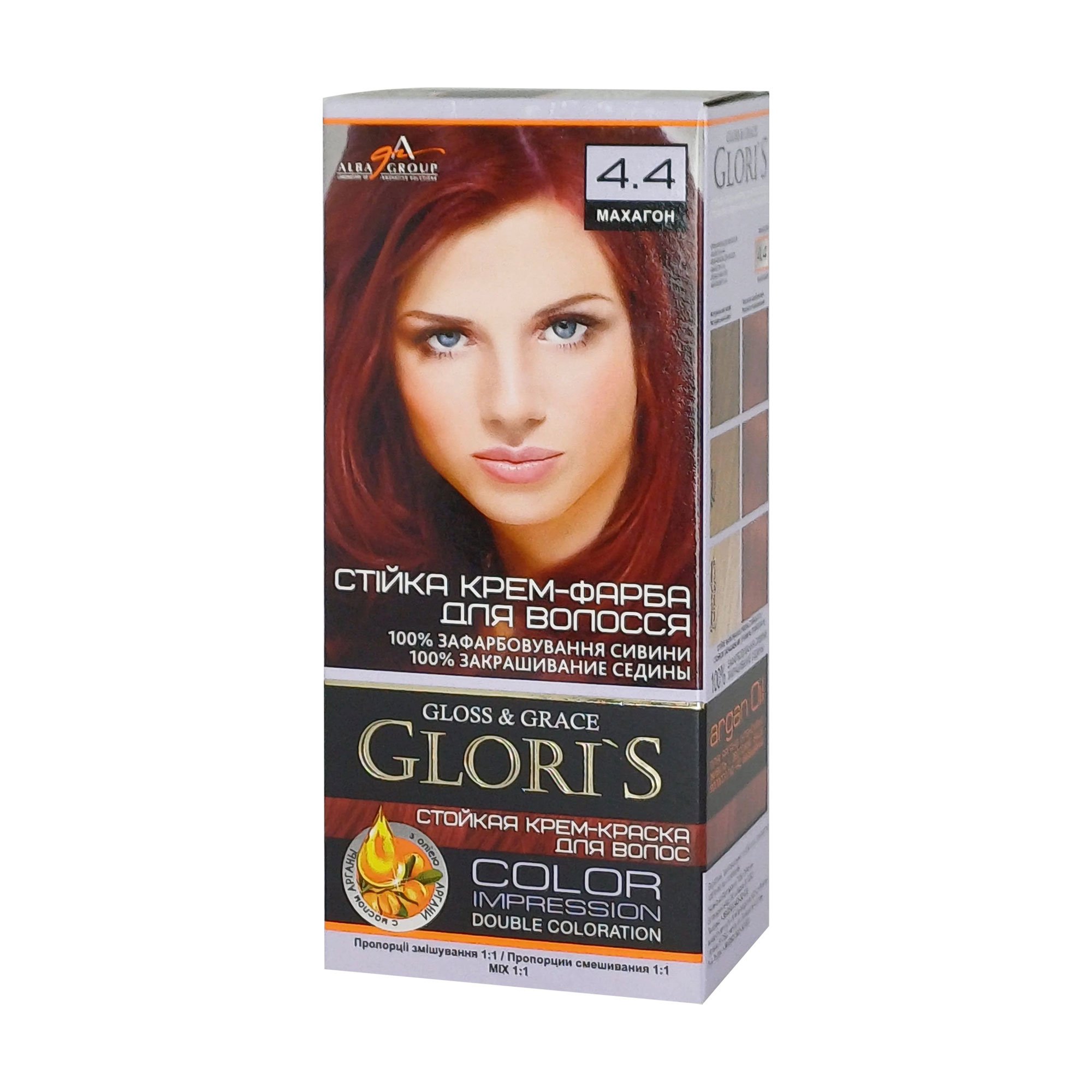 

Стійка крем-фарба для волосся Glori's Gloss & Grace для двох застосувань 4.4 Махагон, 130 мл