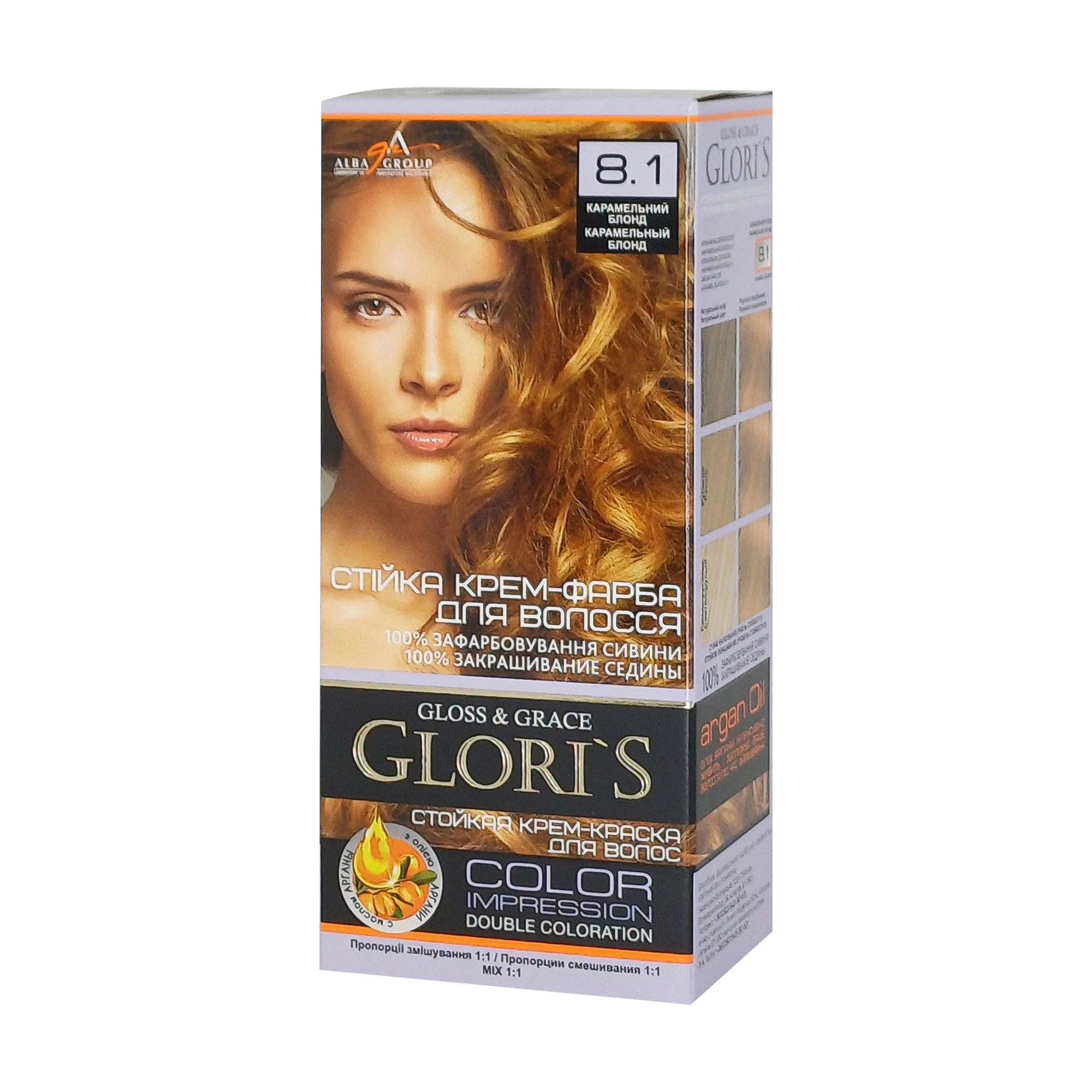 

Стійка крем-фарба для волосся Glori's Gloss & Grace для двох застосувань 8.1 Карамельний блонд, 130 мл