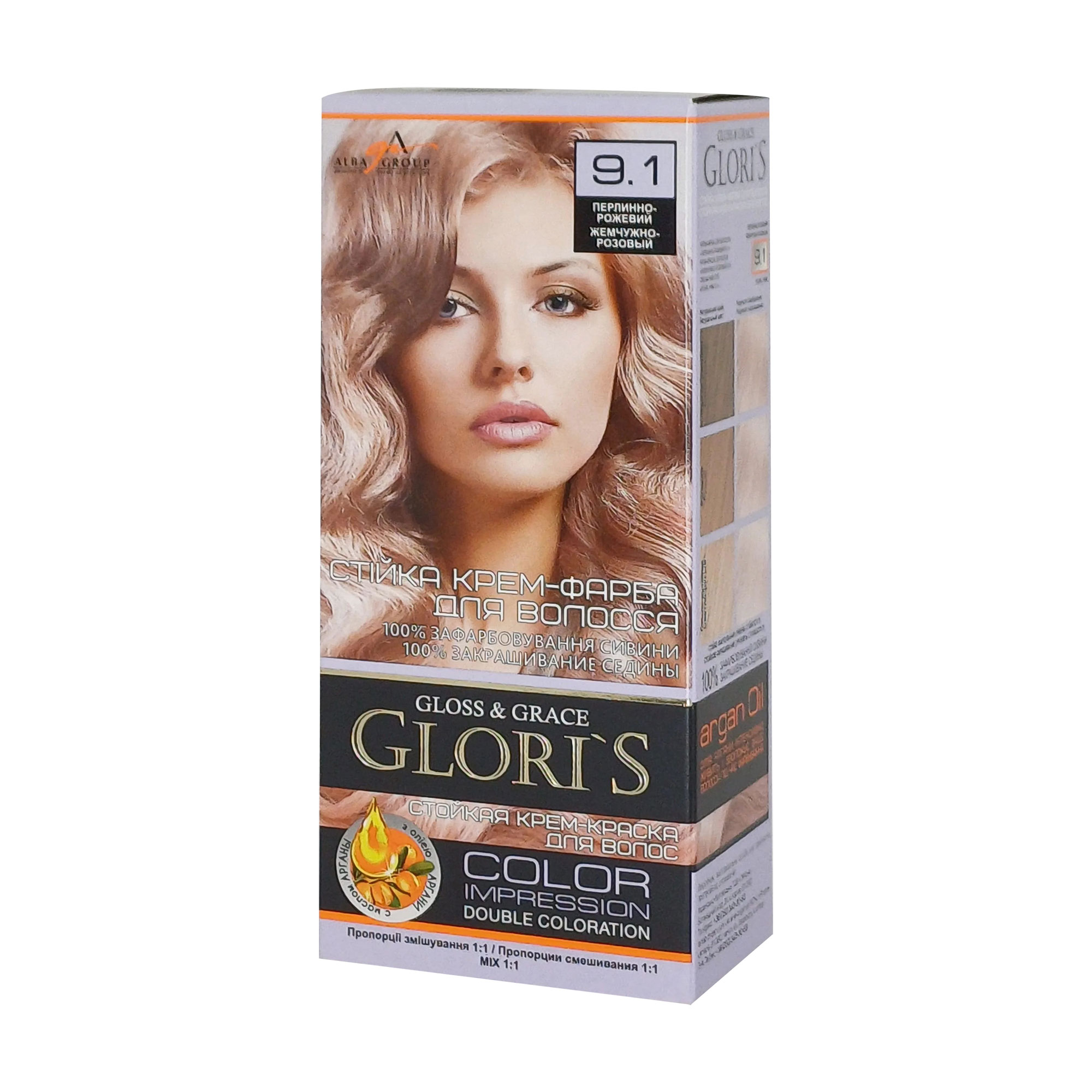 

Стійка крем-фарба для волосся Glori's Gloss & Grace для двох застосувань 9.1 Перлинно-рожевий, 130 мл