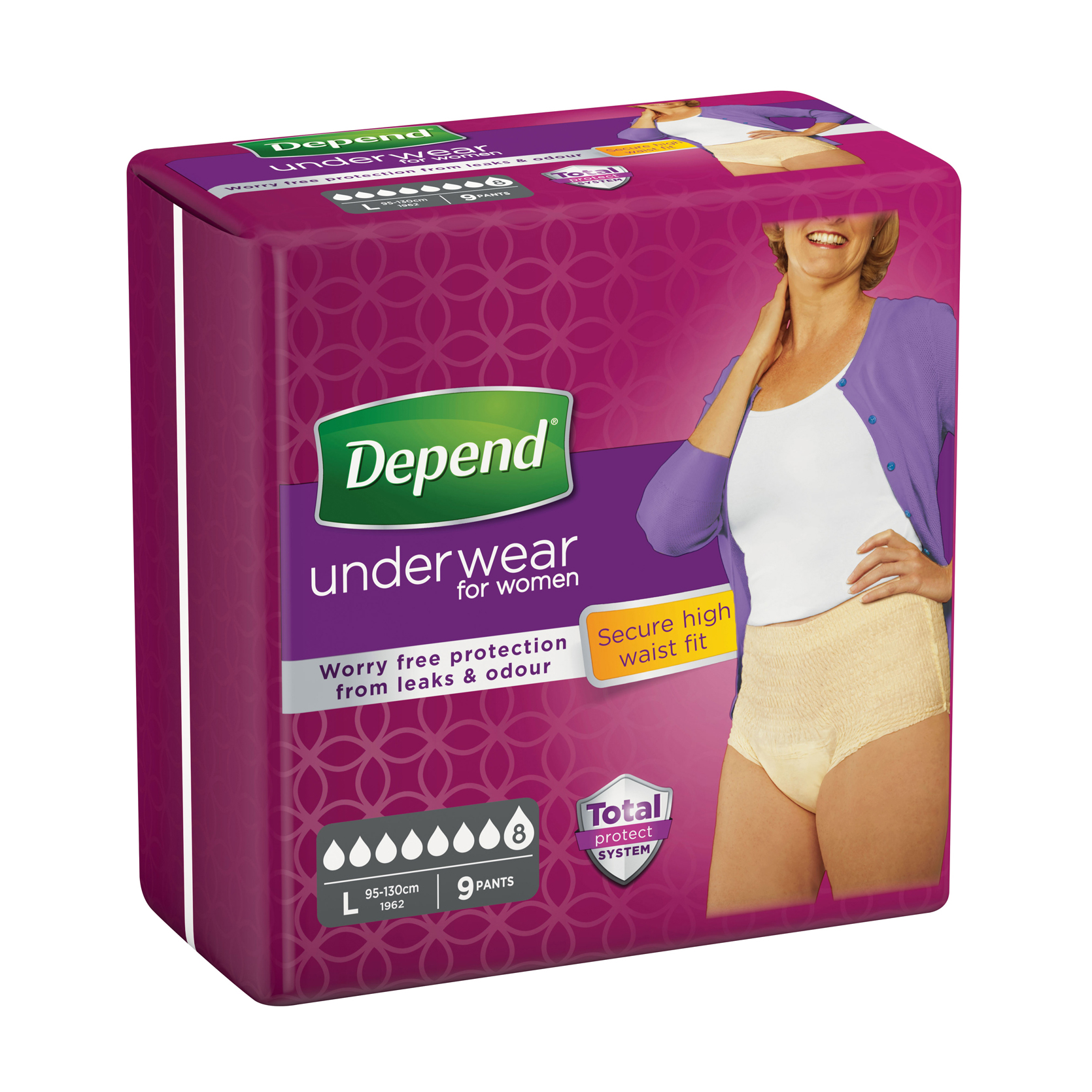 

Вбиральна спідня білизна Depend для жінок, розмір L (95-130 см), 9 шт