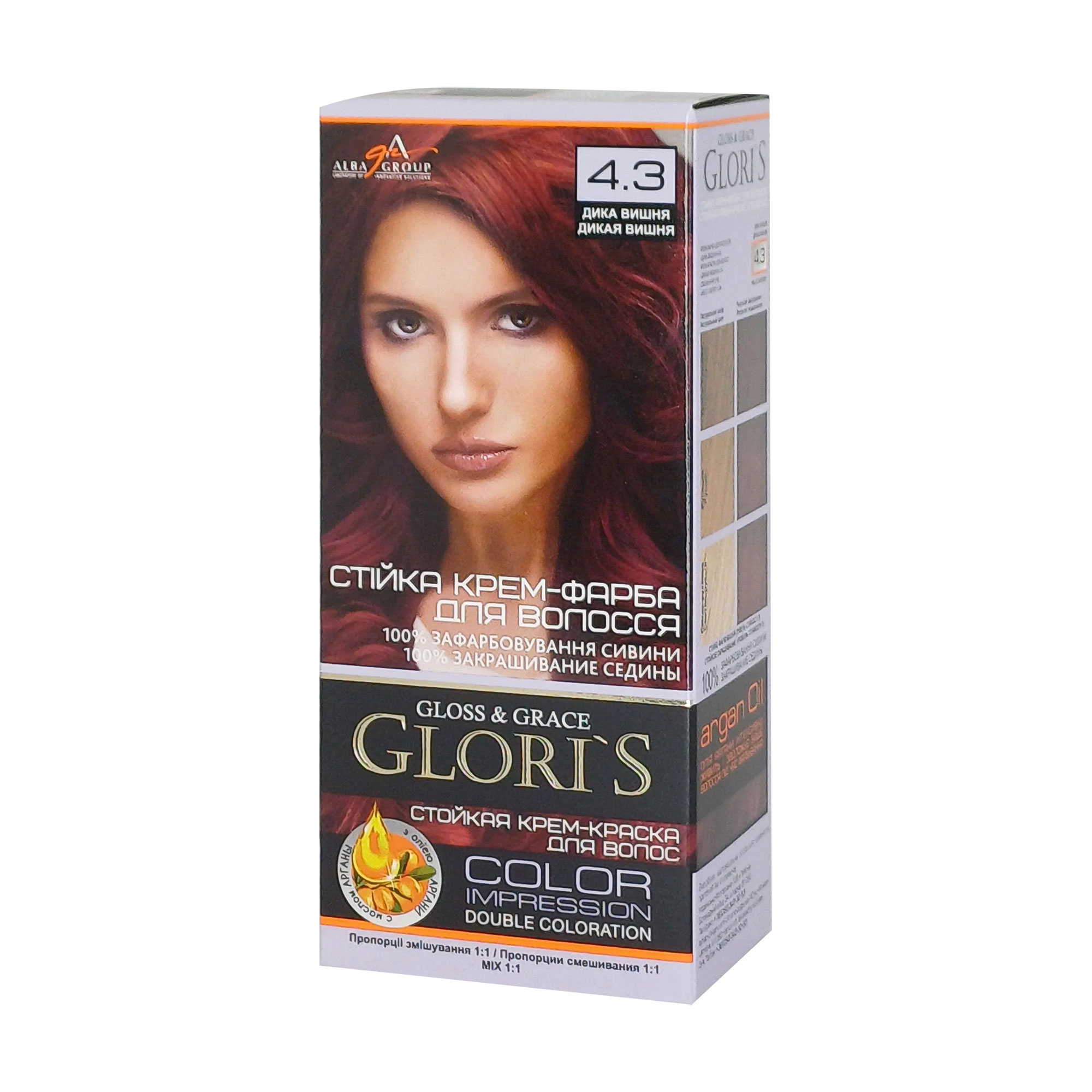 

Стійка крем-фарба для волосся Glori's Gloss & Grace для двох застосувань 4.3 Дика вишня, 130 мл