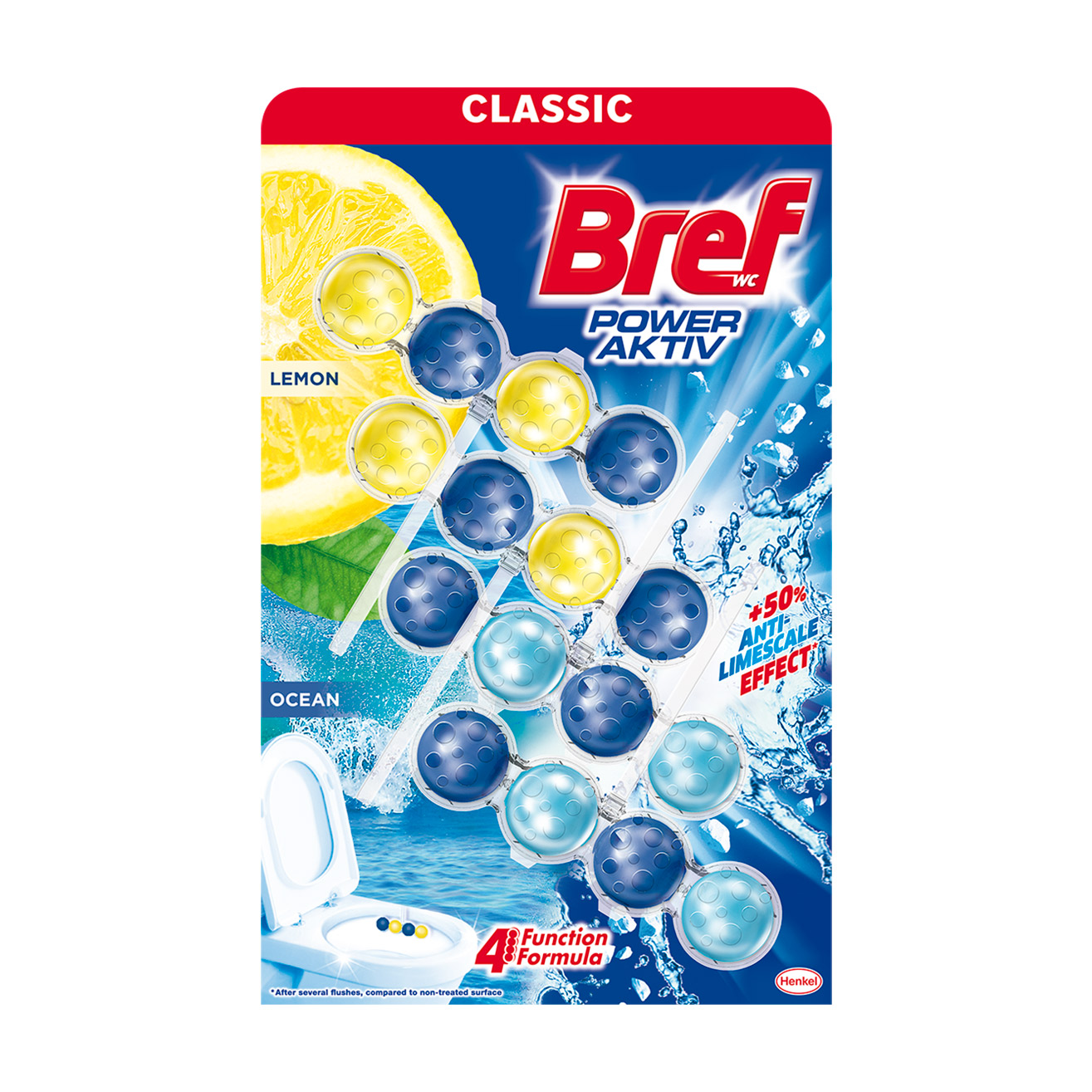 

Уцінка! Твердий туалетний блок Bref Power Aktiv Лимонна свіжість та Океанський бриз, 4*50 г