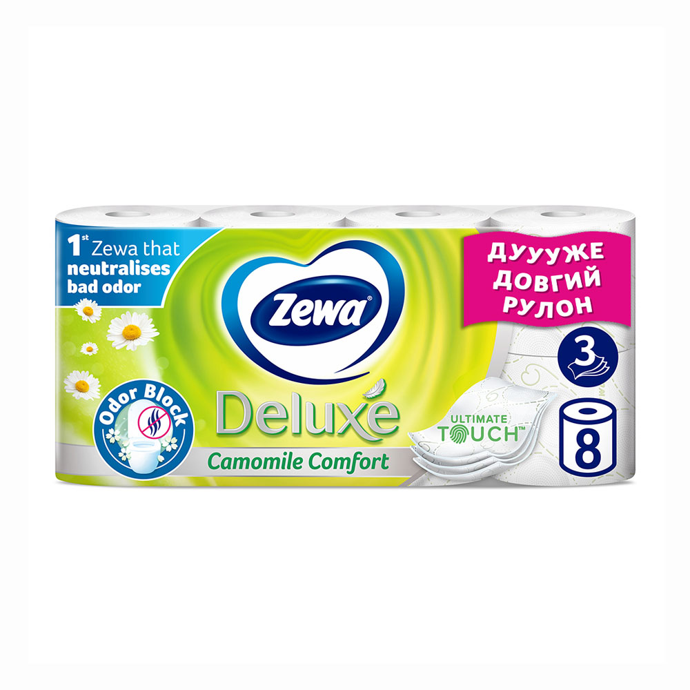 

Уцінка! Туалетний папір Zewa Deluxe Ромашка, 3-шаровий, 150 відривів, 8 рулонів