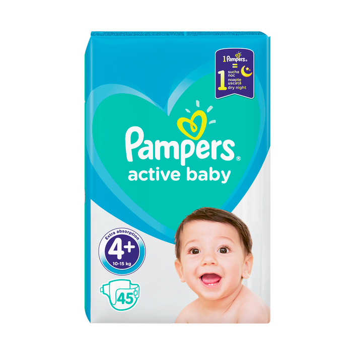 

Підгузки Pampers Active Baby Maxi Plus дитячі розмір 4+, 10-15 кг, 45 шт