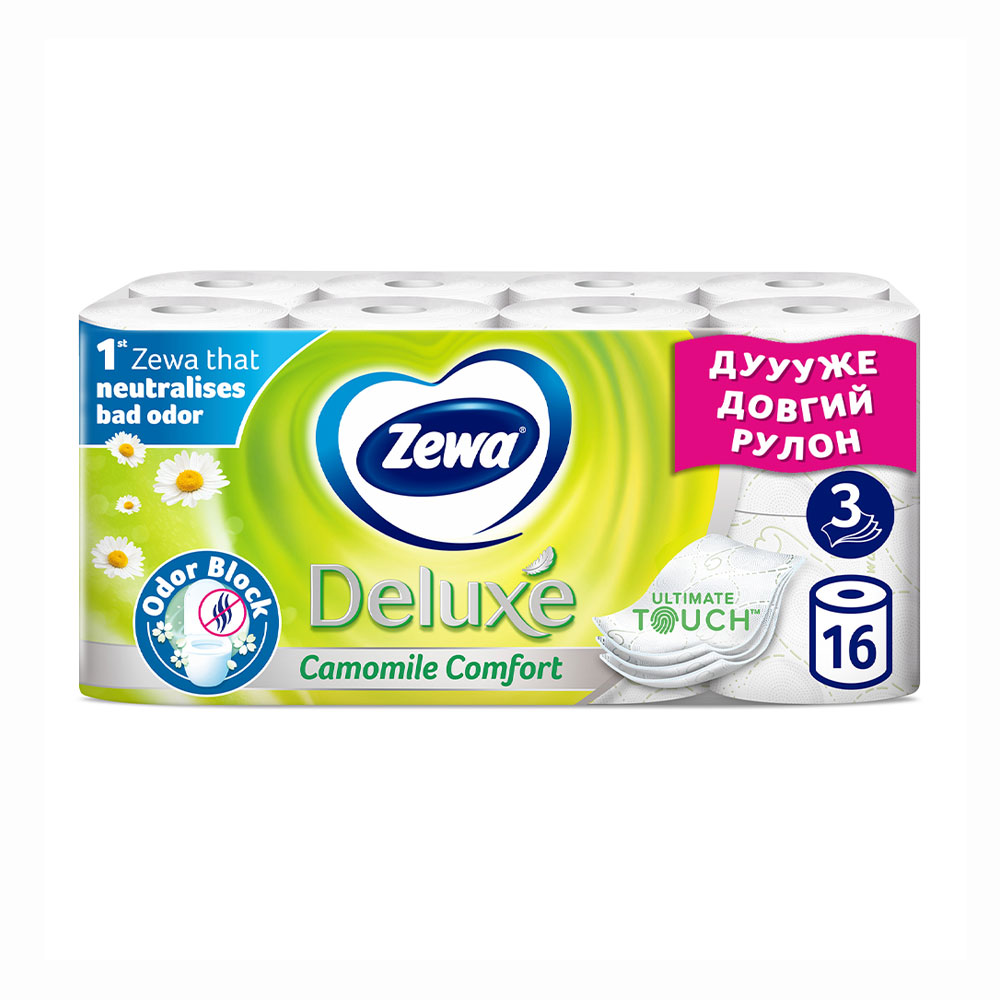 

Уцінка! Туалетний папір Zewa Deluxe Ромашка білий, 3-шаровий, 150 відривів, 16 рулонів