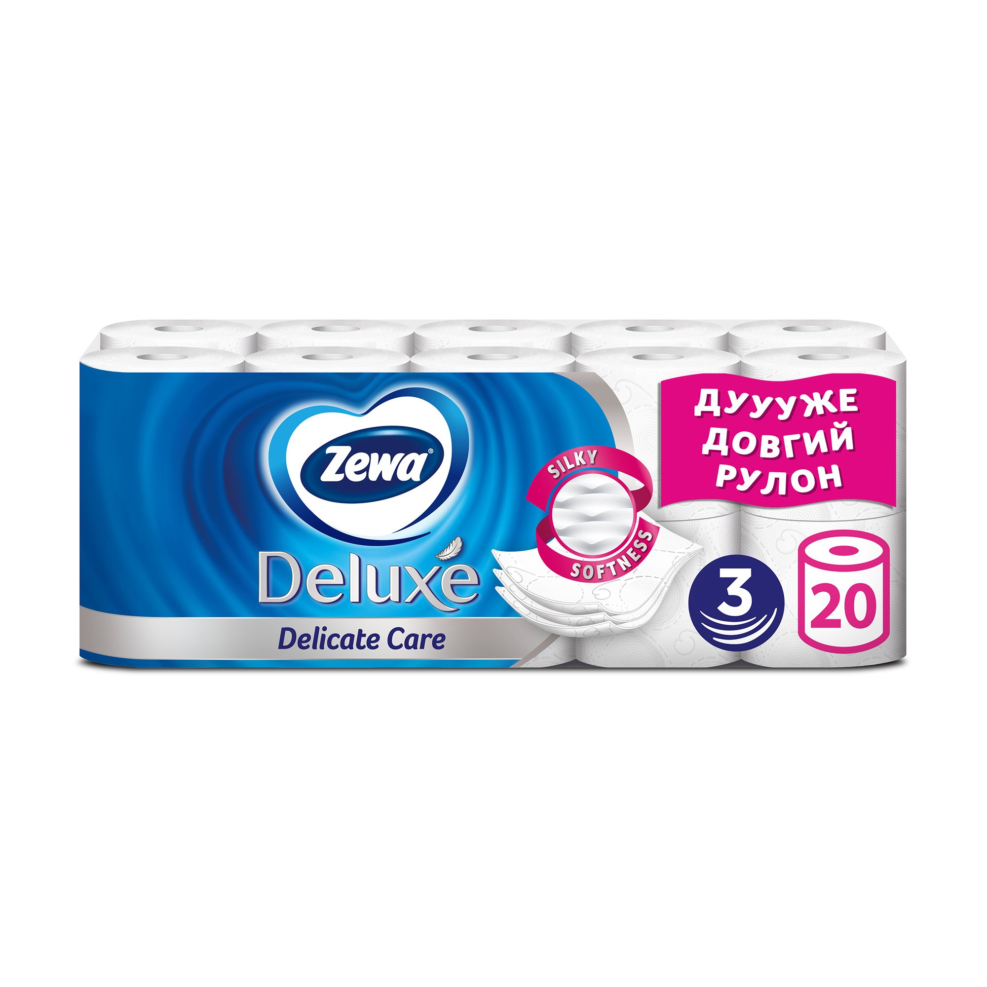 

Уцінка! Туалетний папір Zewa Deluxe Deliсate Care білий, 3-шаровий, 150 відривів, 20 рулонів