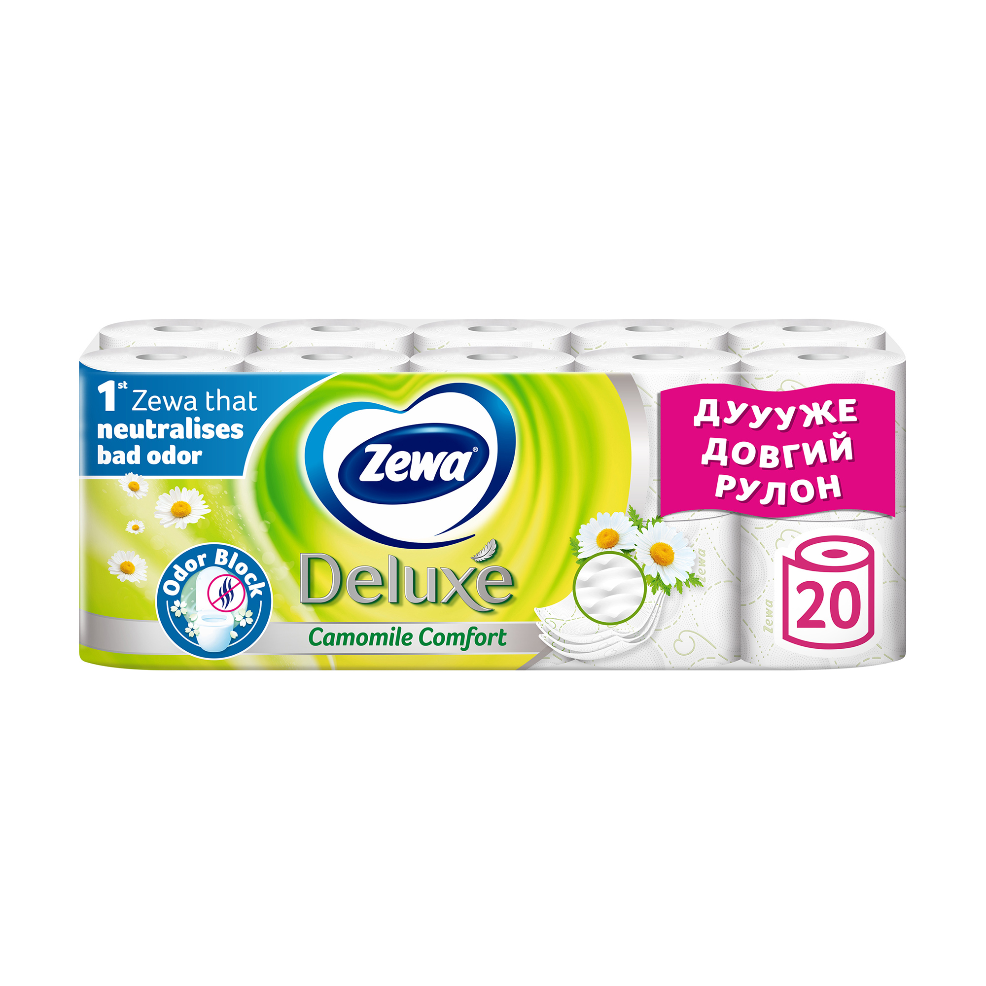

Туалетний папір Zewa Deluxe Camomile Comfort білий, 3-шаровий, 150 відривів, 20 рулонів