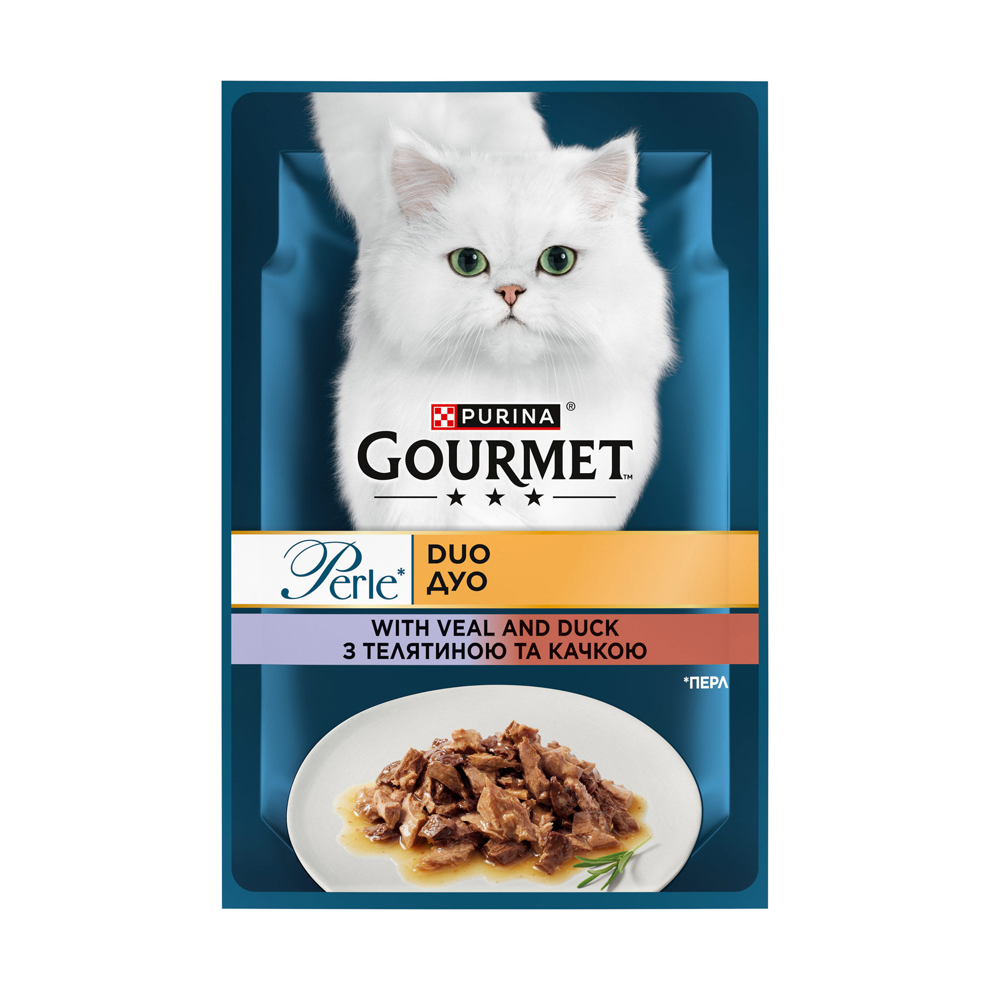 

Вологий корм для дорослих кішок Gourmet Perle Duo філе в соусі з телятиною та качкою, 85 г