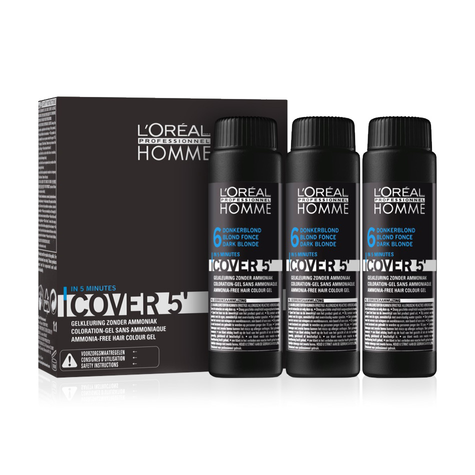 

Чоловічий безамміачний фарбуючий гель для тонування сивини L'Oreal Professionnel Cover 5 ', 6 Темний блондин, 3*50 мл