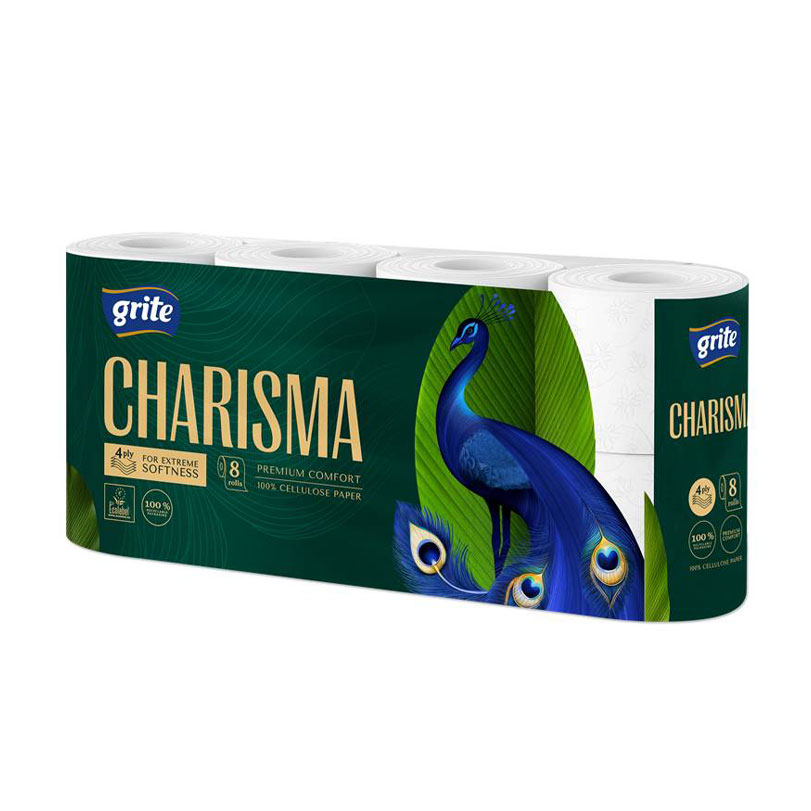 

Уцінка! Туалетний папір Grite Charisma білий, 4-шаровий, 140 відривів, 8 рулонів