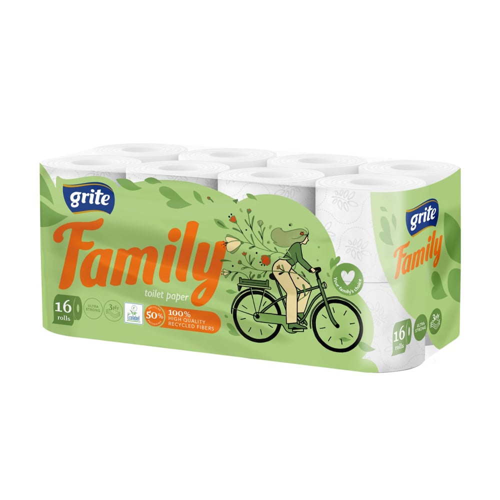 

Туалетний папір Grite Family білий, 3-шаровий, 145 відривів, 16 рулонів