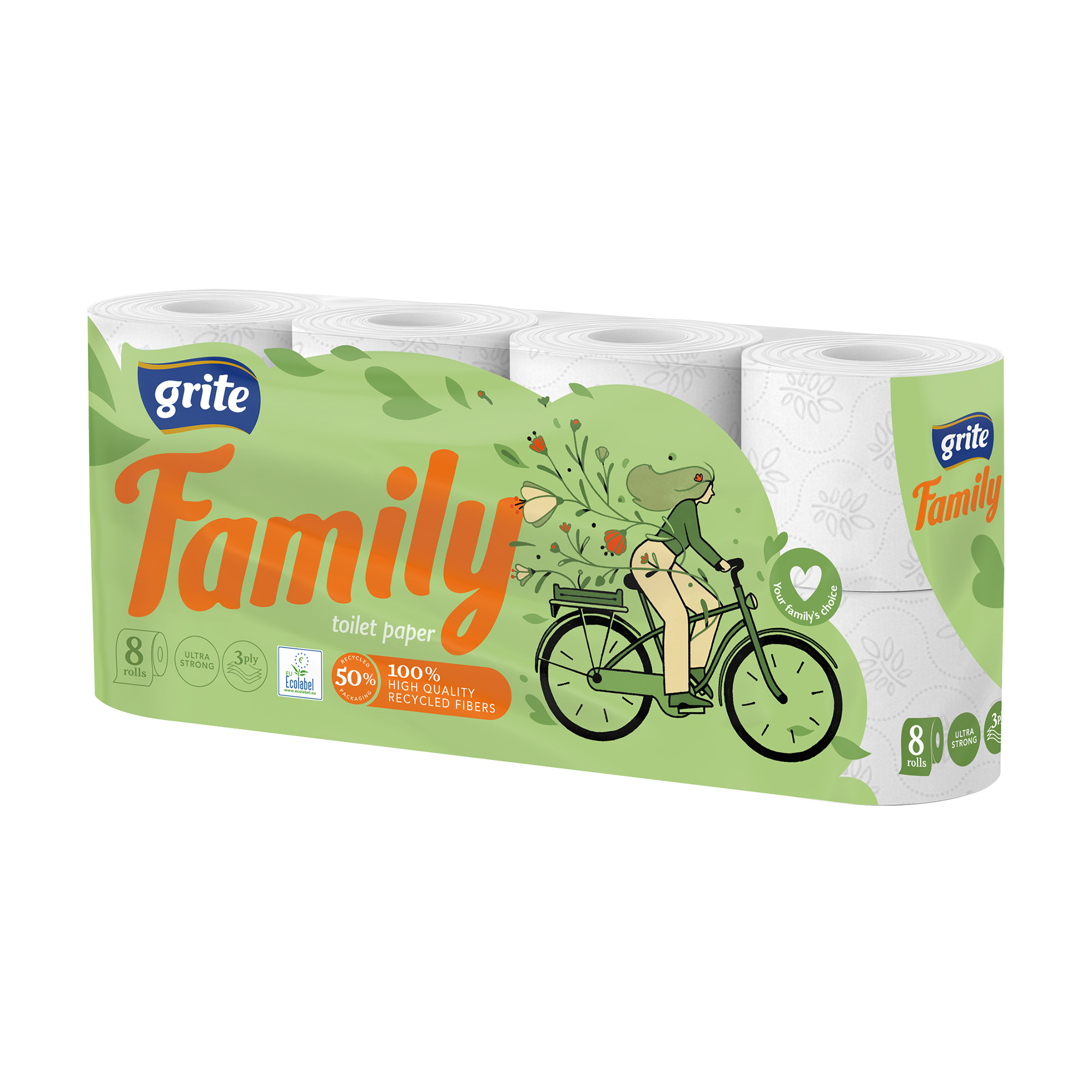 

Туалетний папір Grite Family білий, 3-шаровий, 150 відривів, 8 рулонів