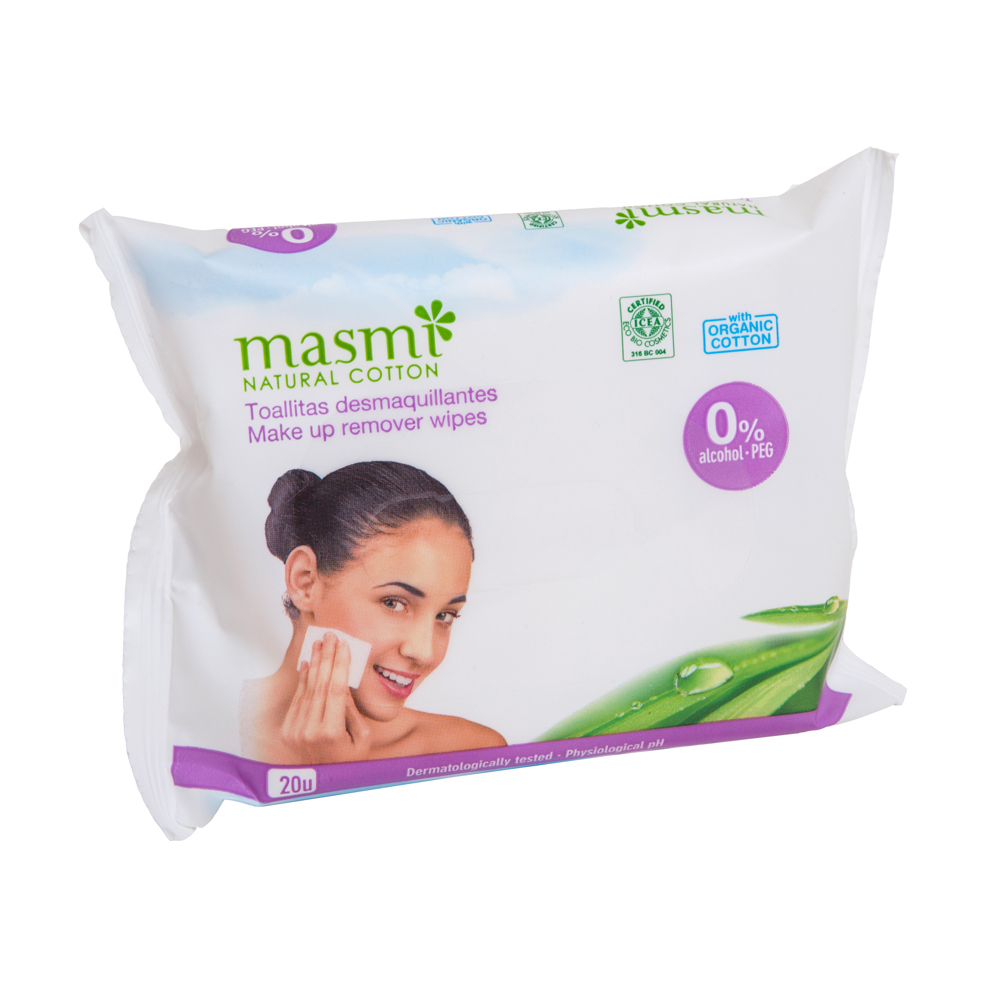 

Вологі серветки для видалення макіяжу Masmi органічні, 20 шт