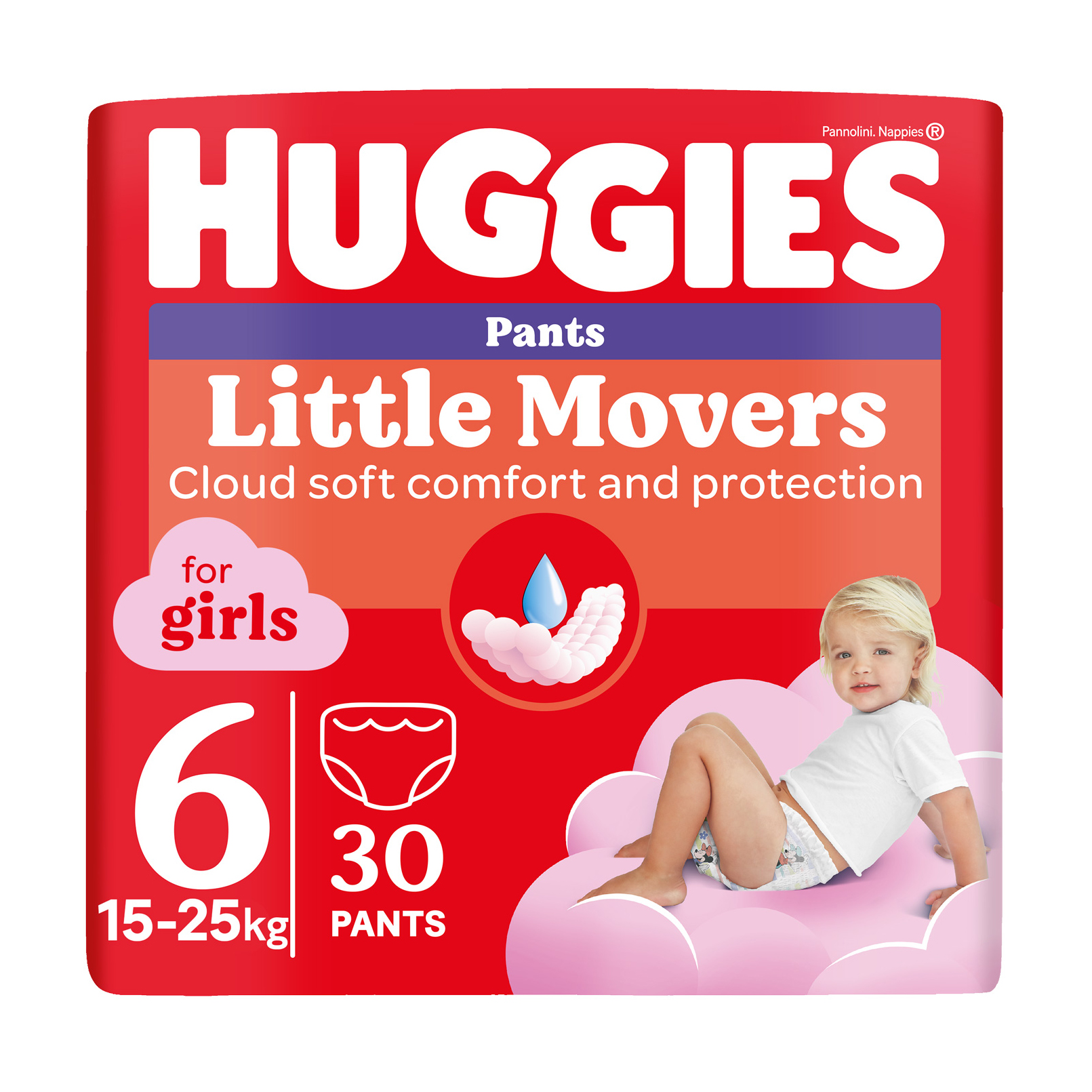 

Підгузки-трусики Huggies Little Movers Pants для дівчаток, розмір 6 (15-25 кг), 30 шт