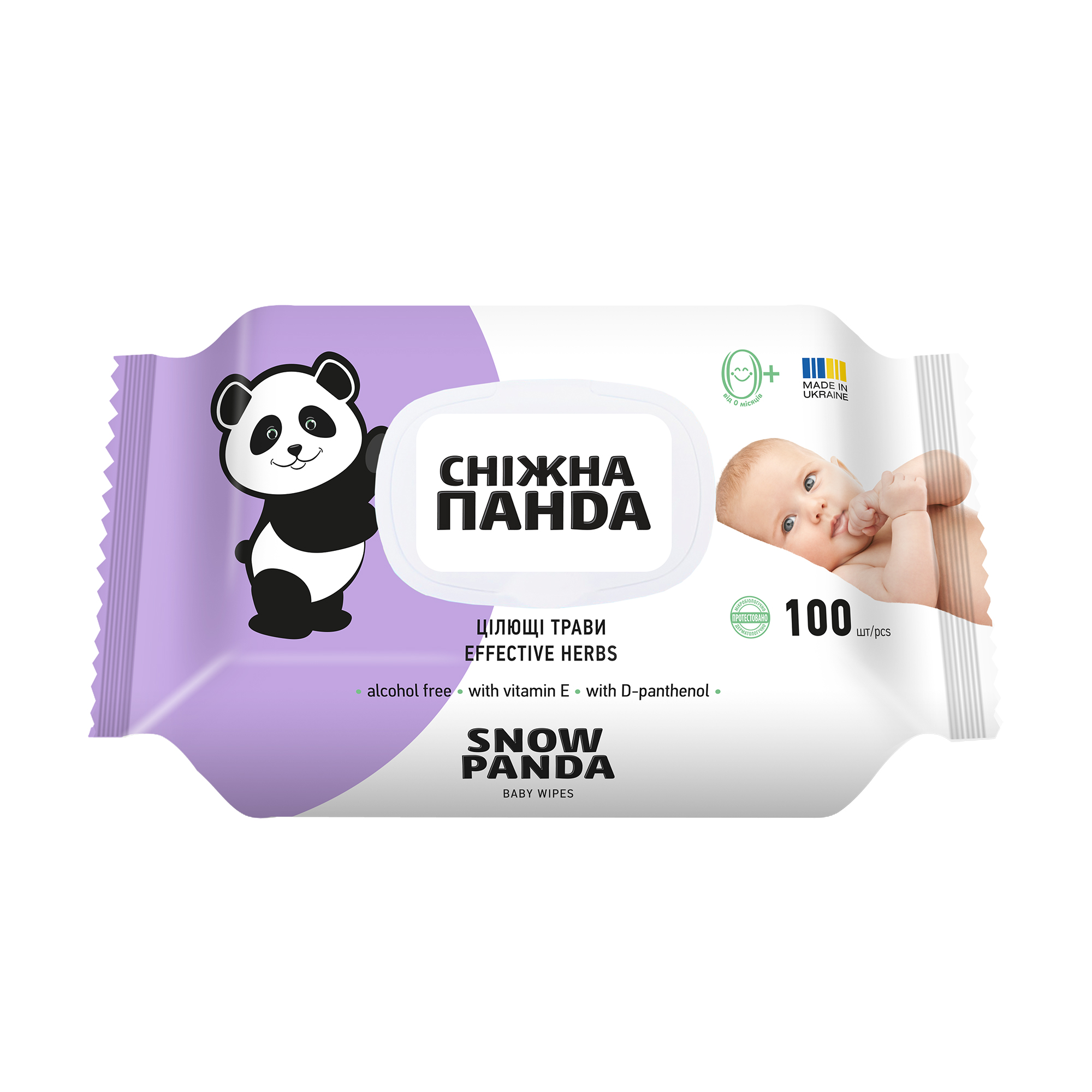 

Дитячі вологі серветки Сніжна Панда Цілющі трави, з екстрактами календули, лаванди та ромашки, 100 шт