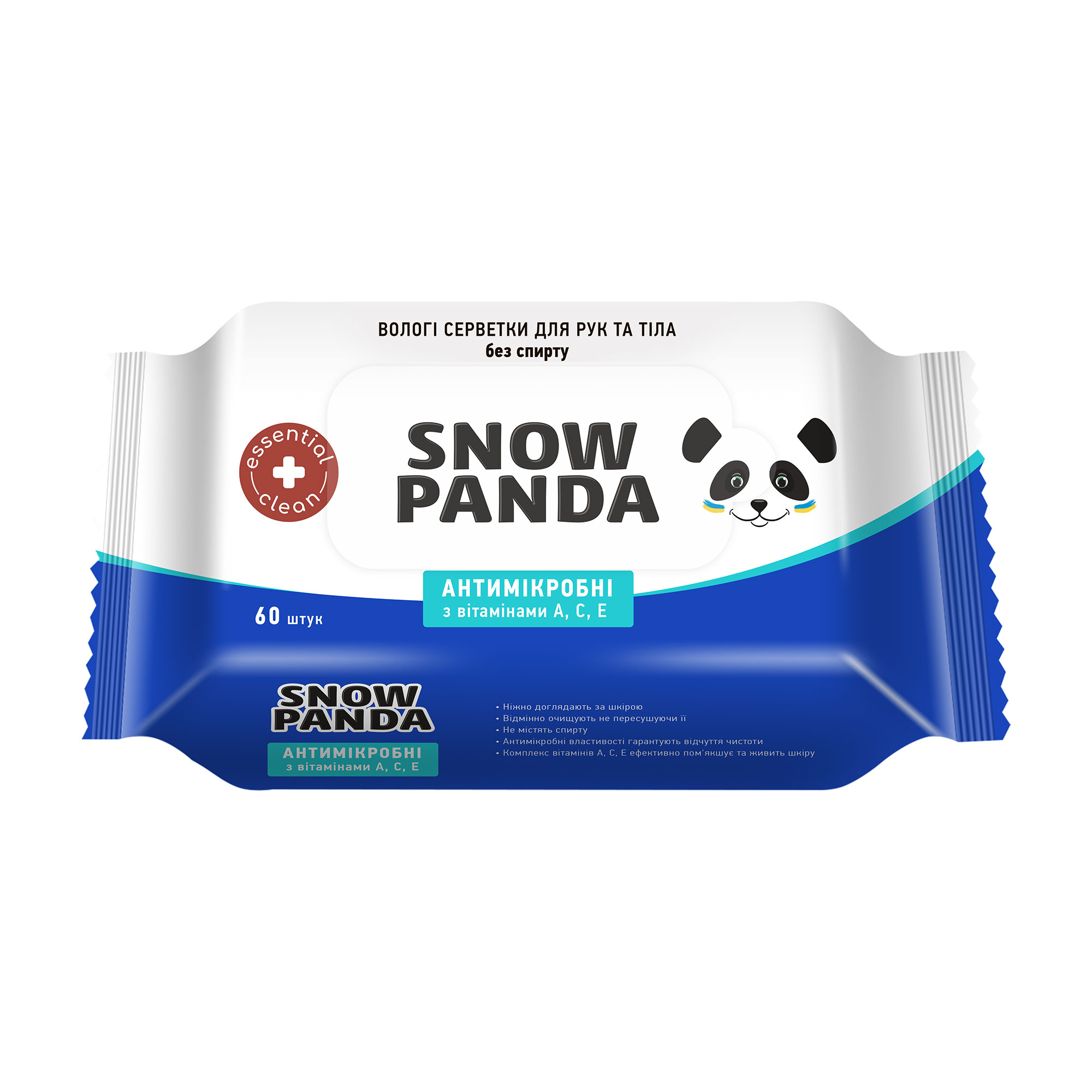 

Уцінка! Вологі серветки Сніжна Панда Essential Clean антимікробні з вітамінами A, C, E, 60 шт