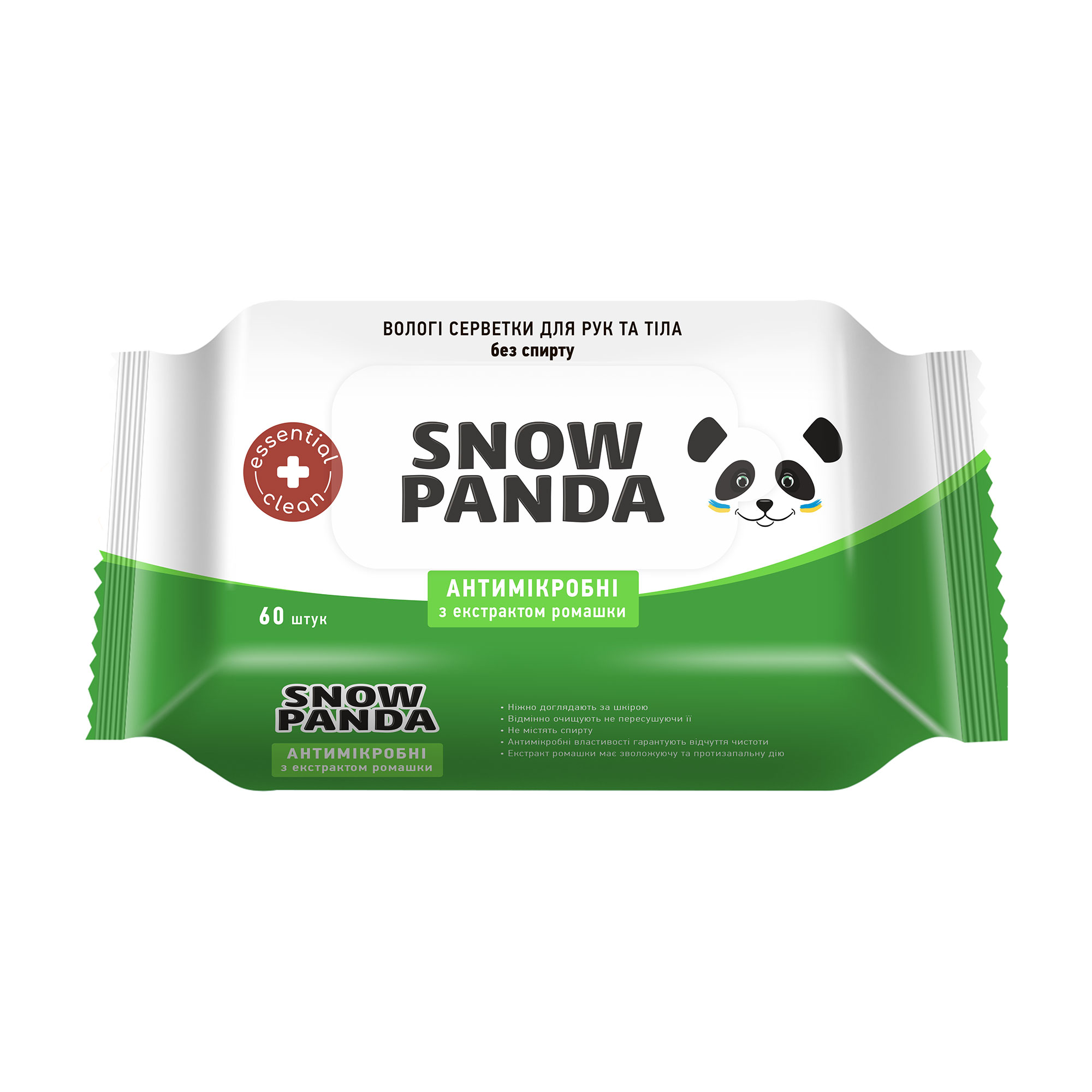 

Вологі серветки Сніжна Панда Essential Clean антимікробні з ромашкою, 60 шт
