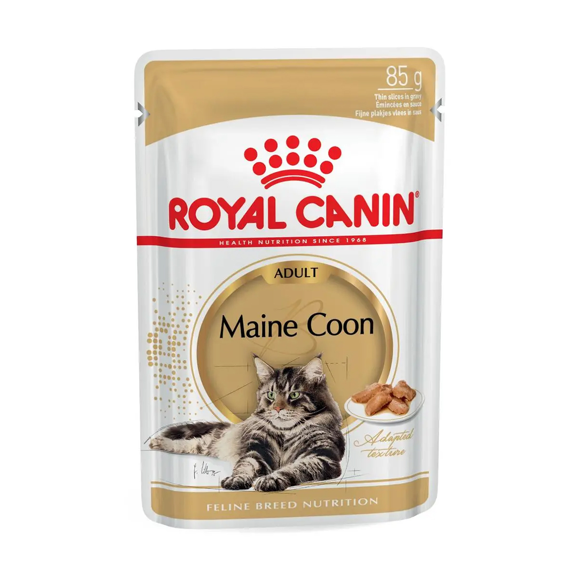 

Вологий корм для дорослих котів породи мейн-кун Royal Canin Maine Coon Adult шматочки в соусі, 85 г (2031001)