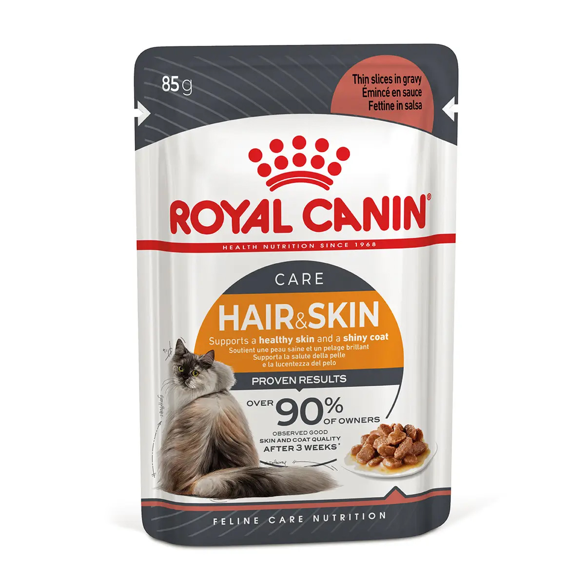

Вологий корм для дорослих котів Royal Canin Hair & Skin Care шматочки в соусі, для підтримки здоров'я шкіри та шерсті, 85 г