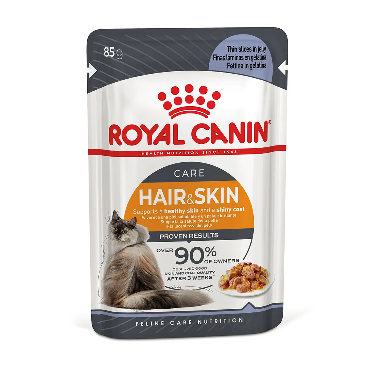 

Вологий корм для дорослих котів Royal Canin Hair & Skin Care шматочки в желе, для підтримки здоров'я шкіри та шерсті, 85 г