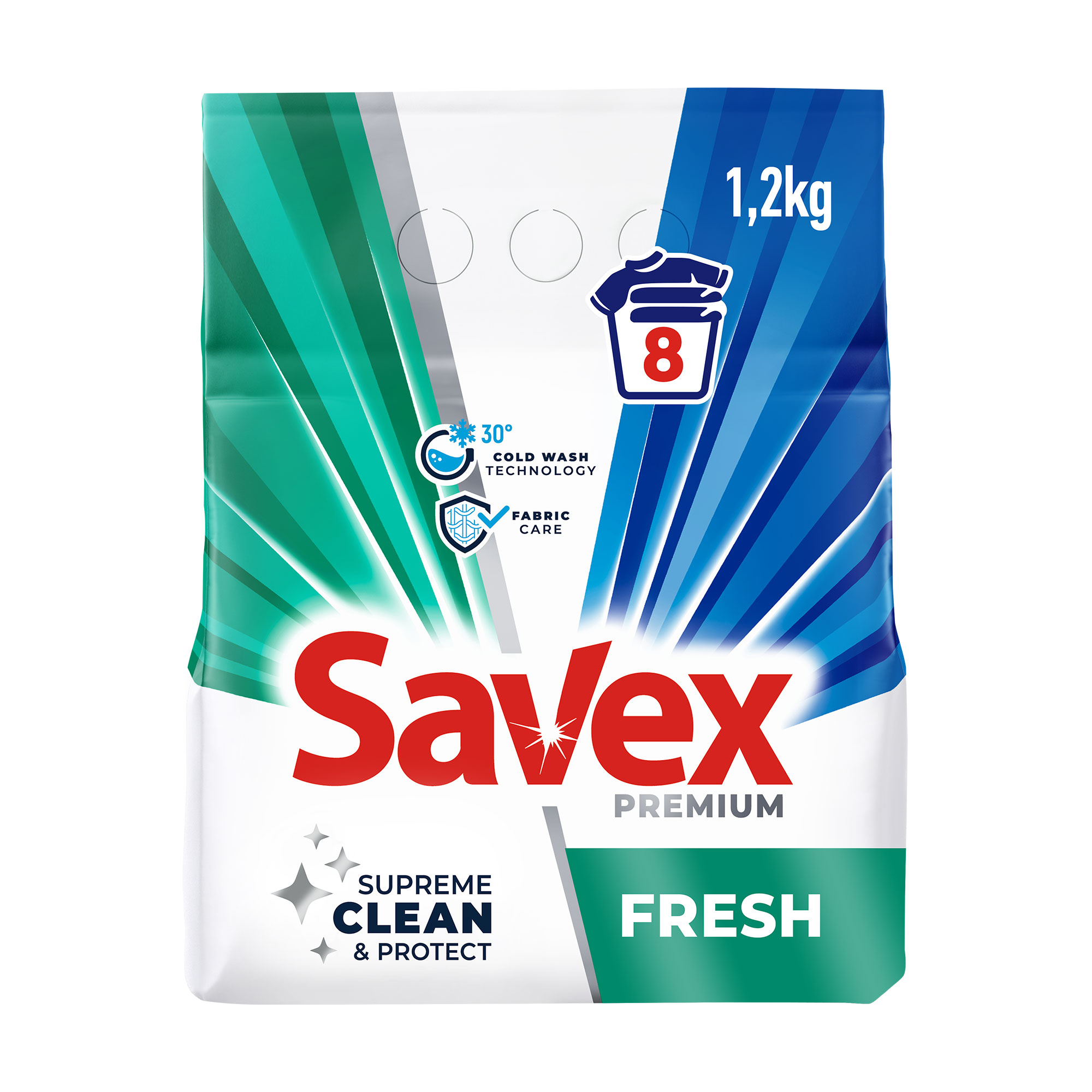 

Пральний порошок для білих та кольорових речей Savex 2 in 1 Fresh автомат, 8 циклів прання, 1.2 кг