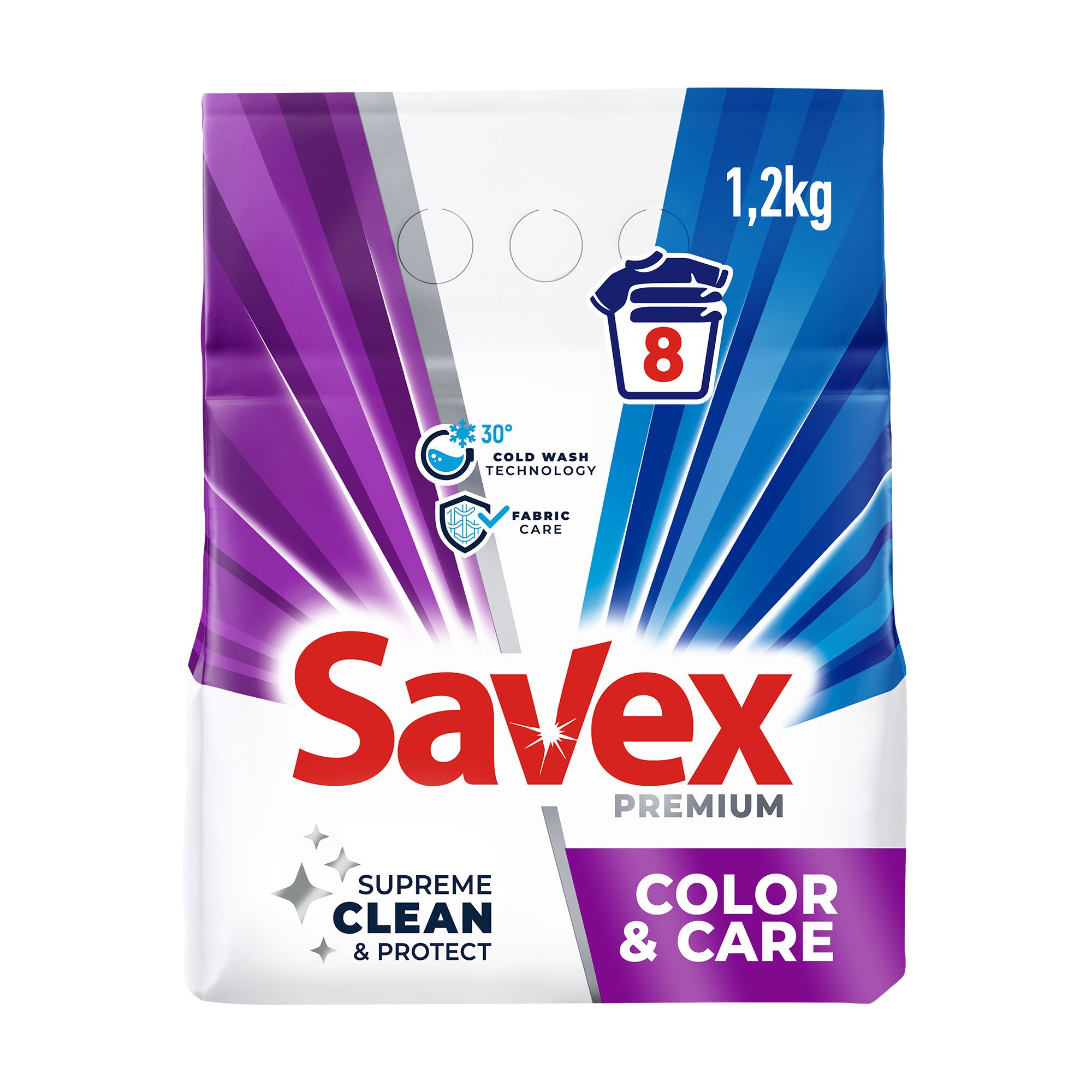 

Пральний порошок для білих та кольорових речей Savex Color & Care, автомат, 8 циклів прання, 1.2 кг