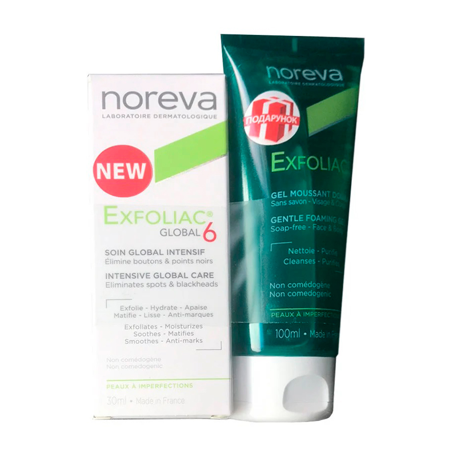 

Набір Noreva Pharma Exfoliac Глобал 6 30 мл + очищуючий гель для чутливої шкіри, 100 мл